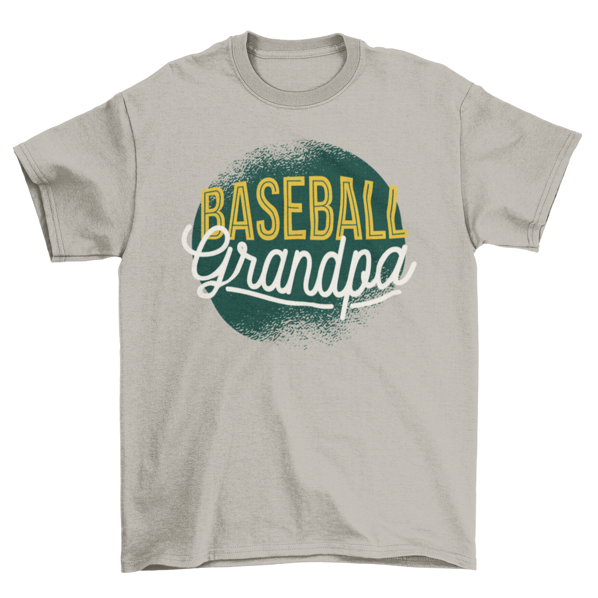Baseball Grandpa T-shirt featuring yellow and white lettering on a green grunge background, perfect for baseball-loving grandfathers.