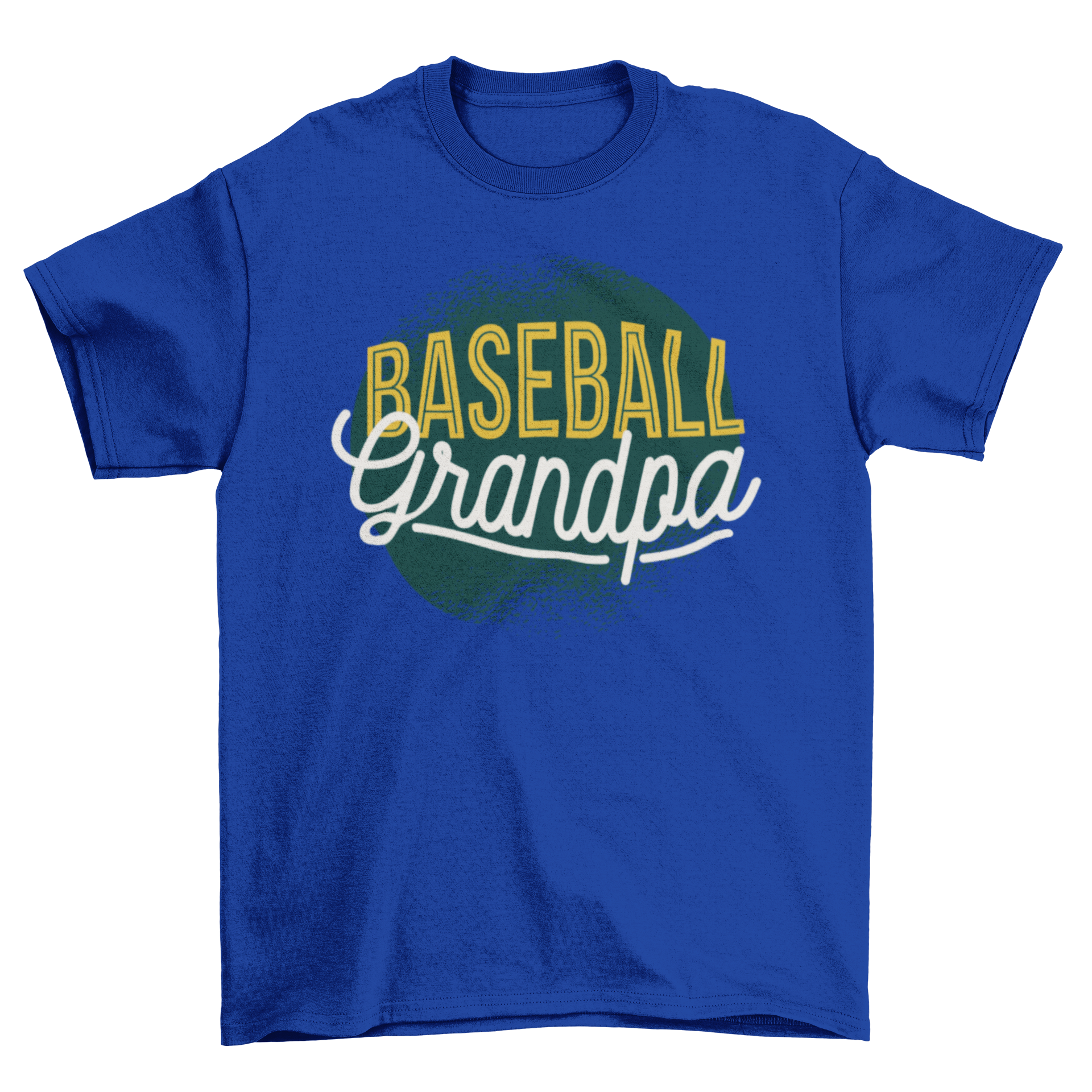 Baseball Grandpa T-shirt featuring yellow and white lettering on a green grunge background, perfect for baseball-loving grandfathers.