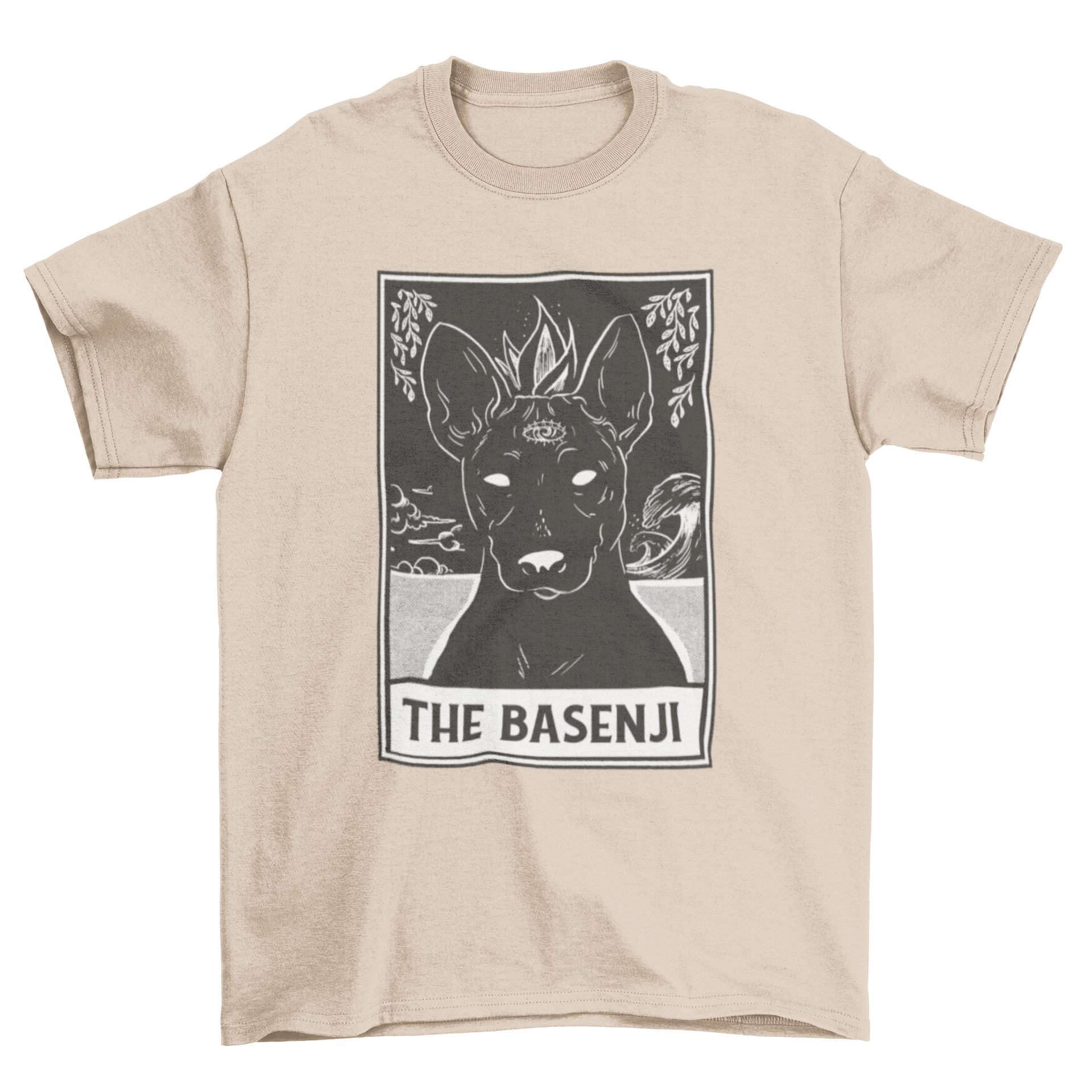A stylish t-shirt featuring a Basenji dog drawing designed as a tarot card with the quote 'The Basenji'.