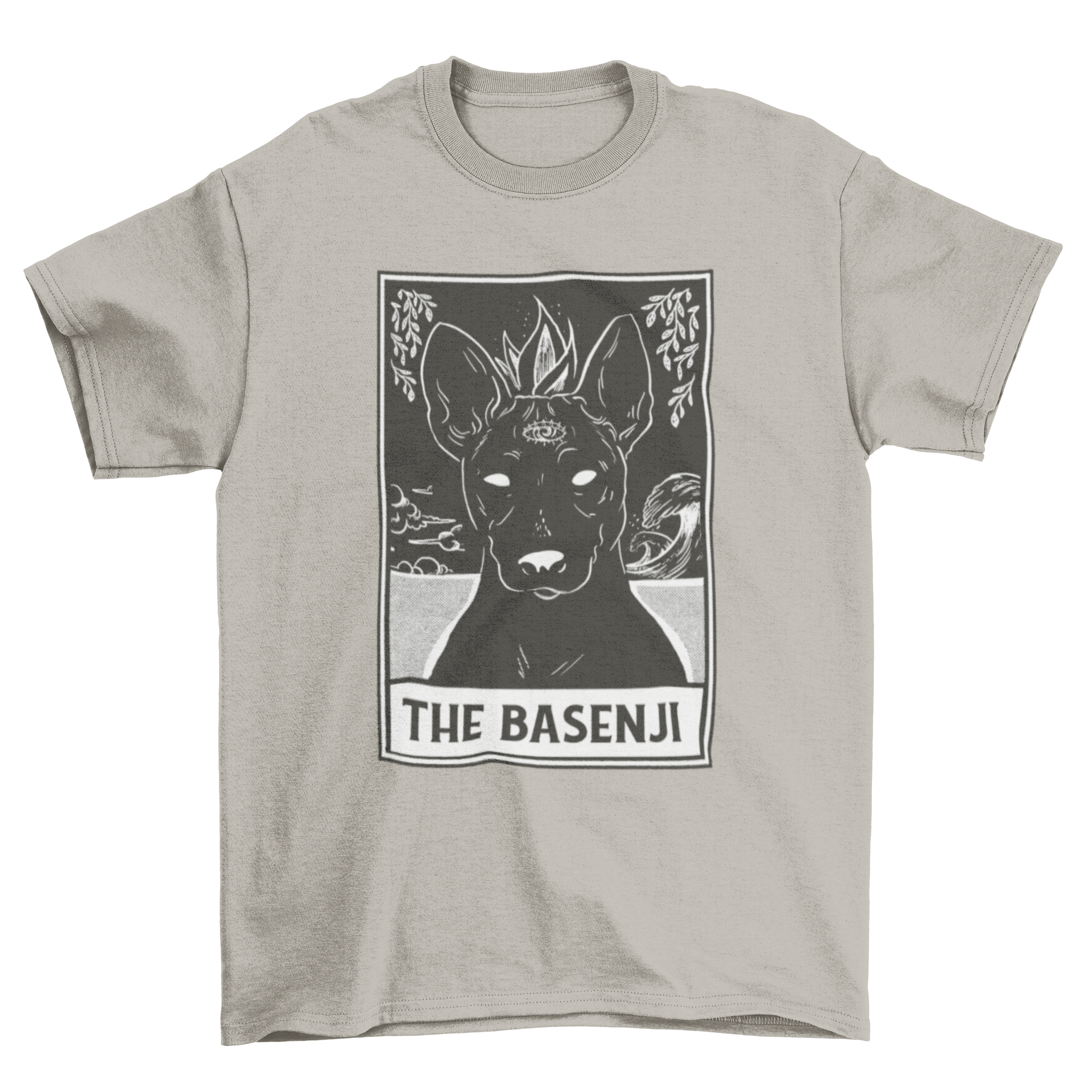 A stylish t-shirt featuring a Basenji dog drawing designed as a tarot card with the quote 'The Basenji'.