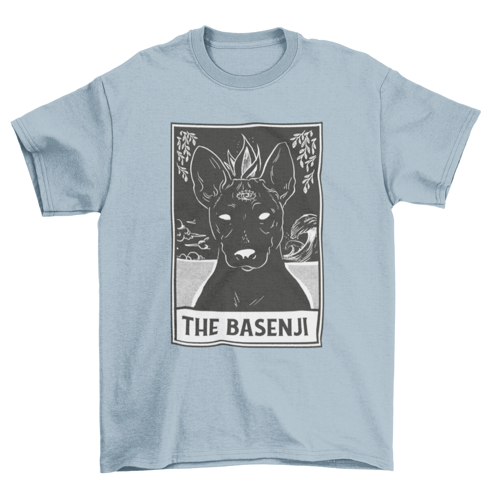 A stylish t-shirt featuring a Basenji dog drawing designed as a tarot card with the quote 'The Basenji'.
