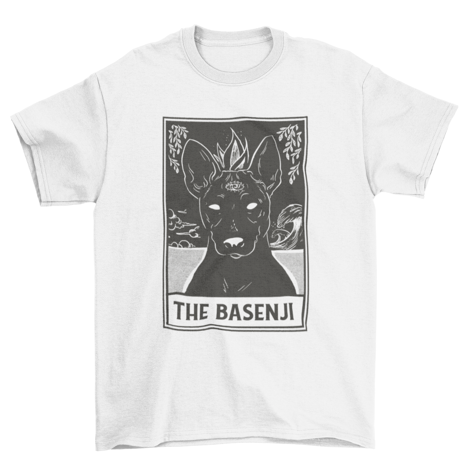 A stylish t-shirt featuring a Basenji dog drawing designed as a tarot card with the quote 'The Basenji'.