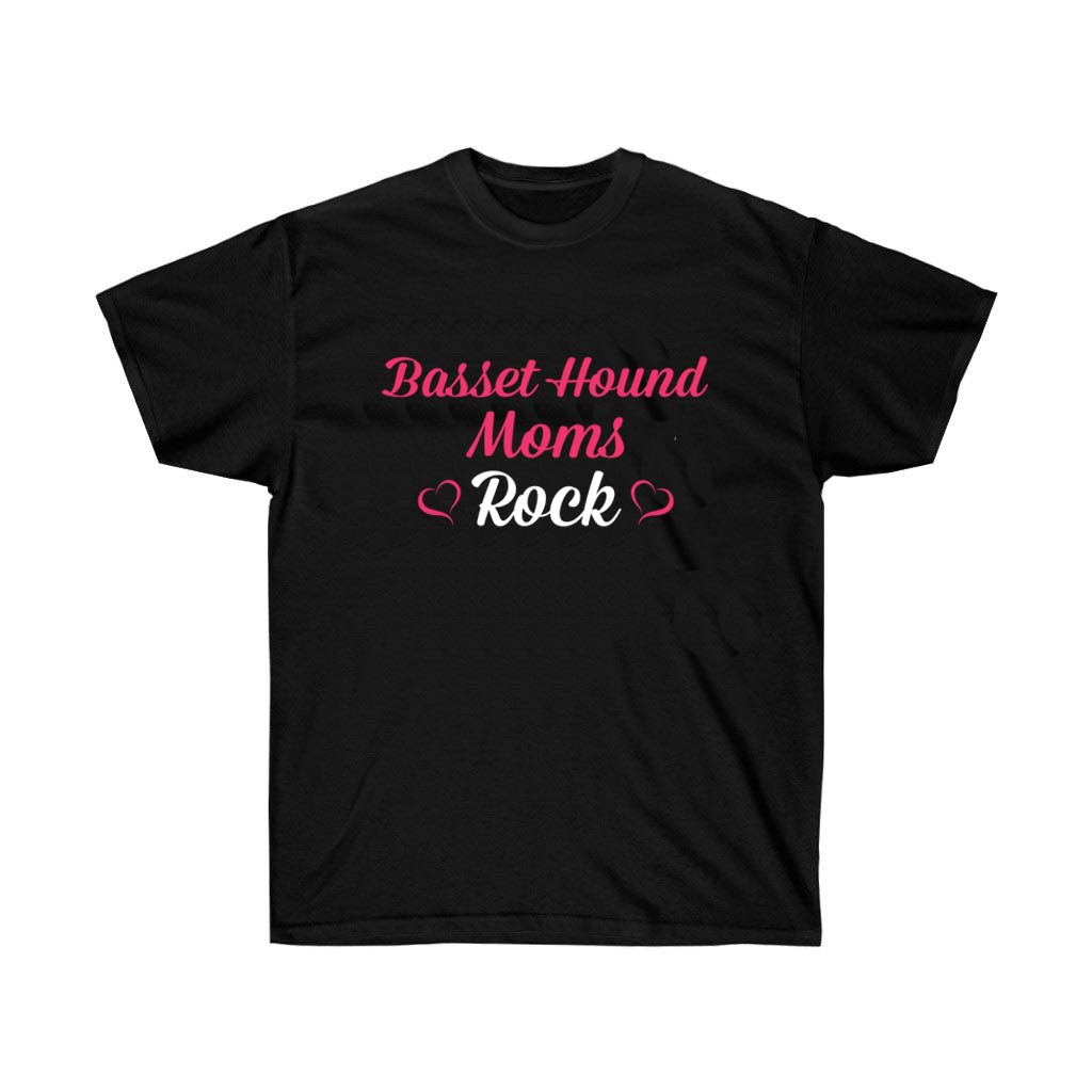 Basset Hound Dog Moms Rock T-Shirt featuring a vibrant vinyl print, made from 100% soft cotton, perfect for dog lovers.