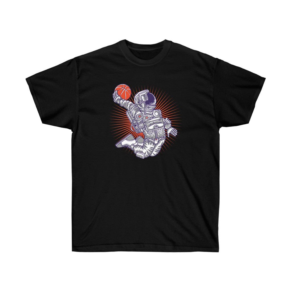 Basketball Astronaut Graphic T-Shirt featuring a colorful astronaut playing basketball, designed for casual wear.