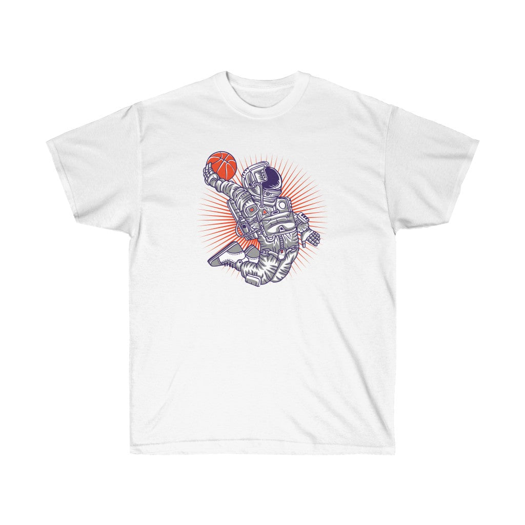 Basketball Astronaut Graphic T-Shirt featuring a colorful astronaut playing basketball, designed for casual wear.