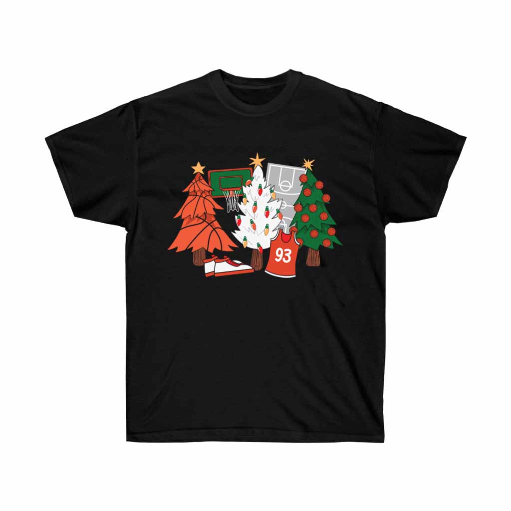 A festive Basketball Christmas Tree T-shirt featuring a vibrant design combining Christmas and basketball elements, made from soft cotton.