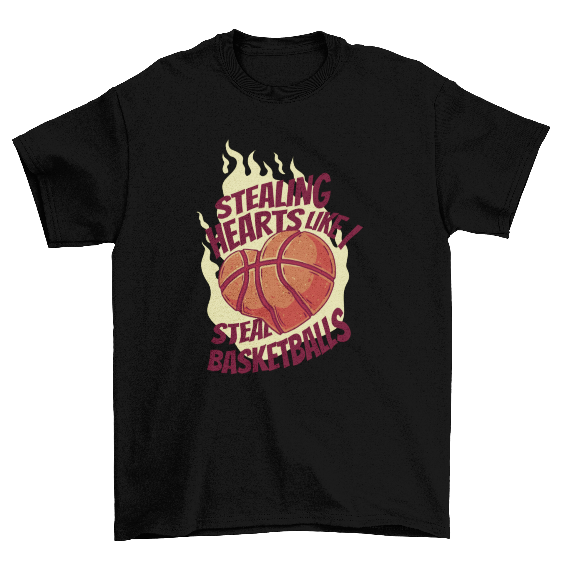 A stylish Valentine's t-shirt featuring a heart-shaped basketball and the quote 'Stealing hearts like I steal basketballs'.