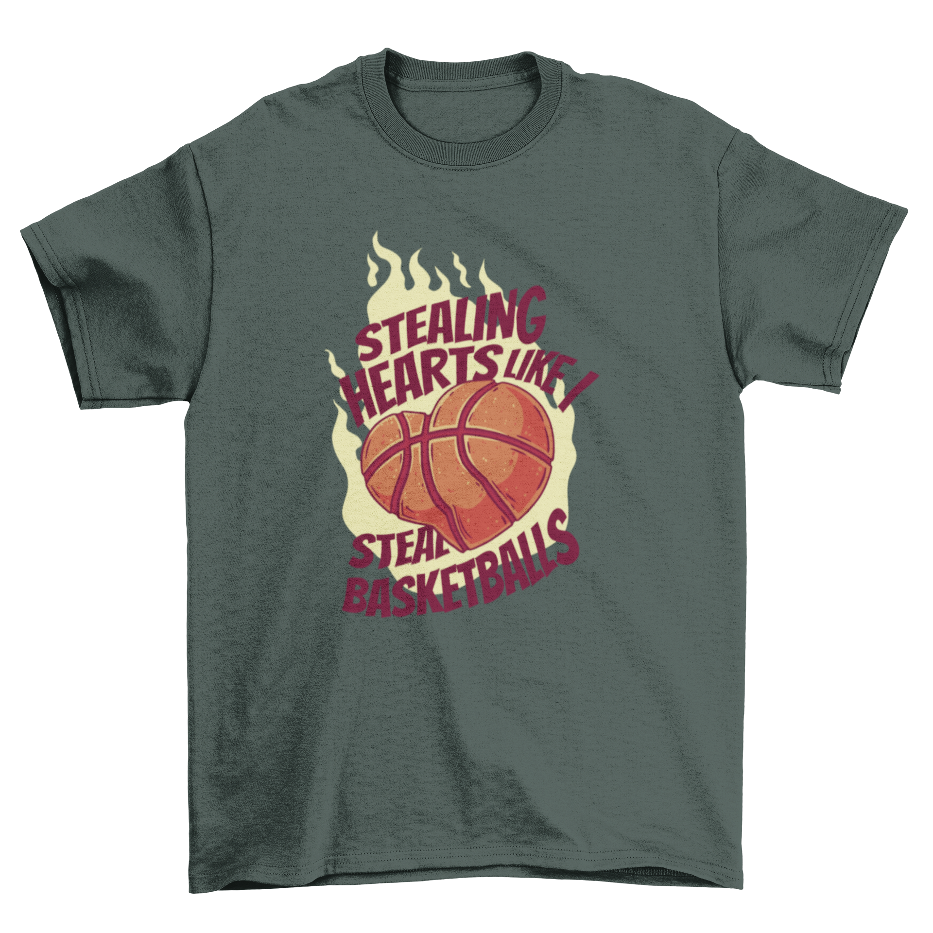 A stylish Valentine's t-shirt featuring a heart-shaped basketball and the quote 'Stealing hearts like I steal basketballs'.