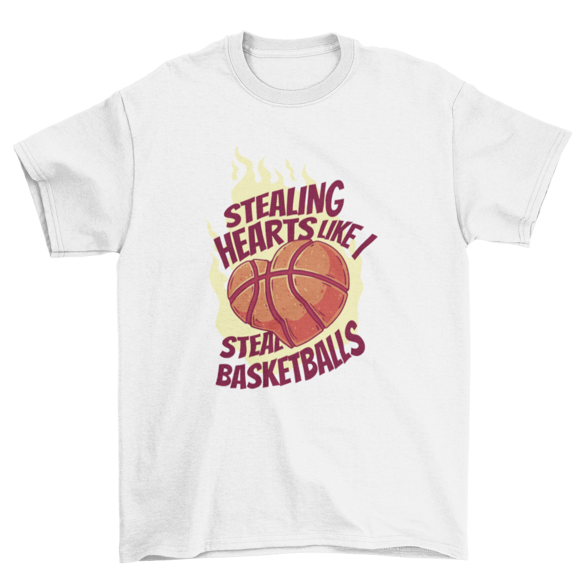A stylish Valentine's t-shirt featuring a heart-shaped basketball and the quote 'Stealing hearts like I steal basketballs'.