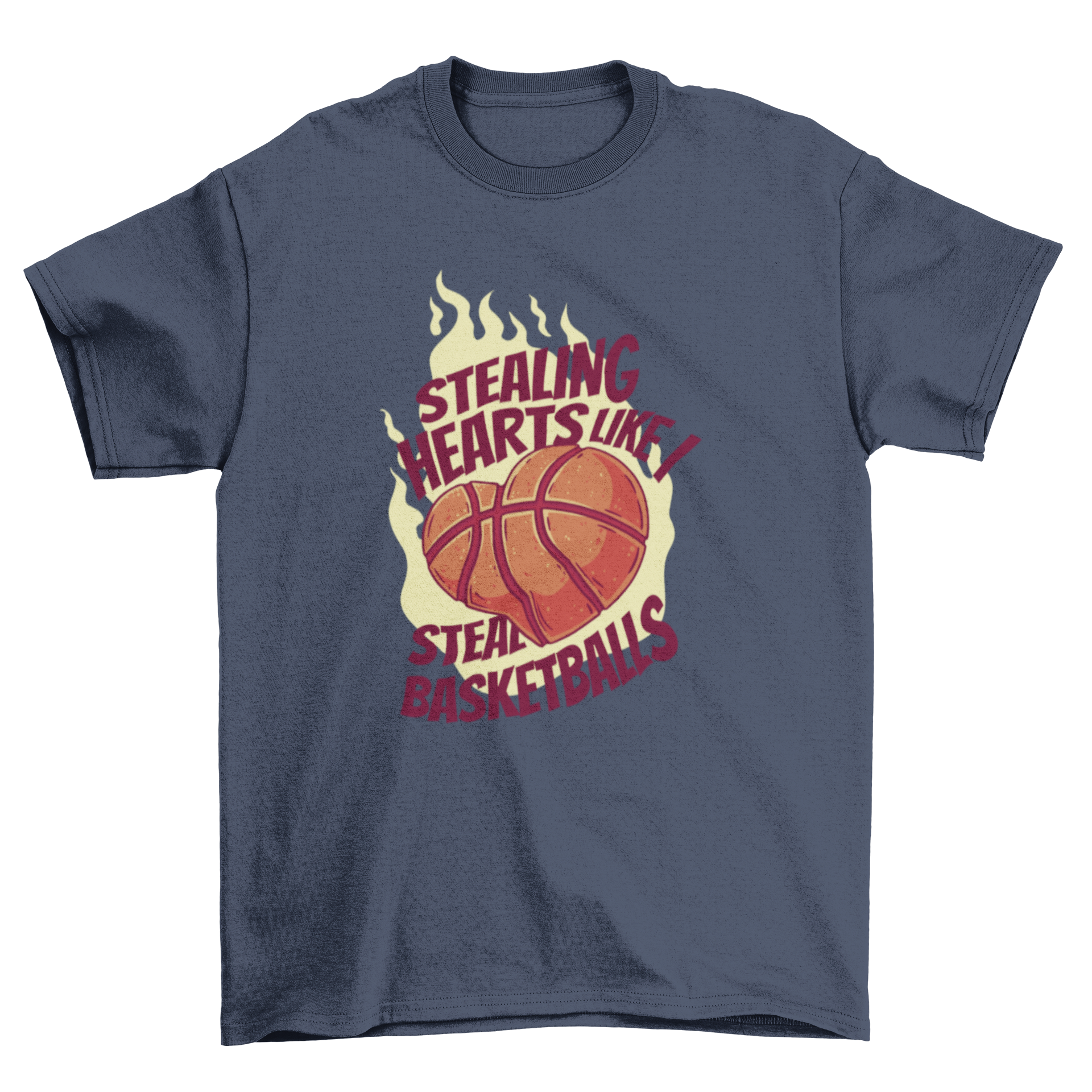 A stylish Valentine's t-shirt featuring a heart-shaped basketball and the quote 'Stealing hearts like I steal basketballs'.