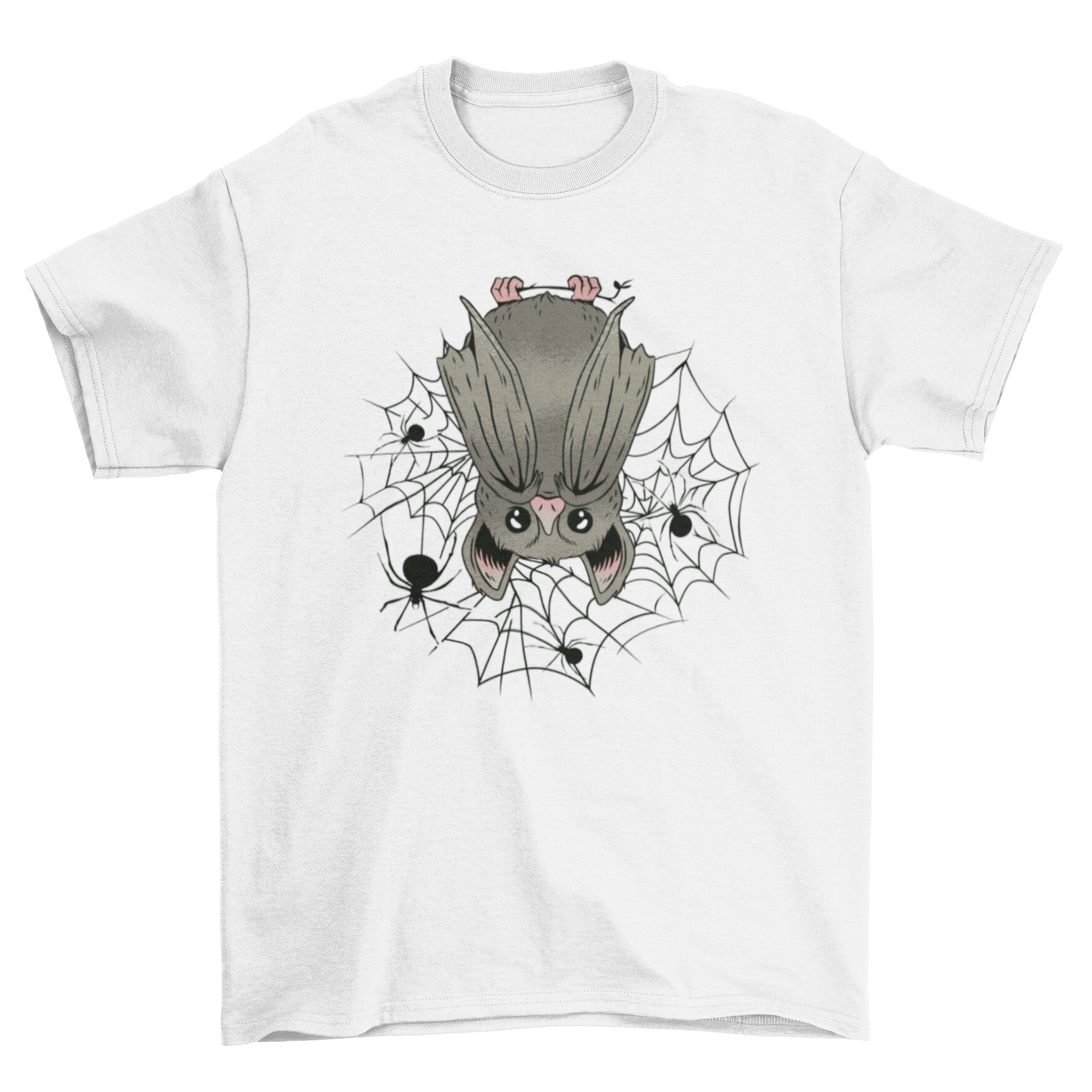 A stylish t-shirt featuring a bat hanging upside down with intricate spider designs, perfect for animal lovers and Halloween enthusiasts.