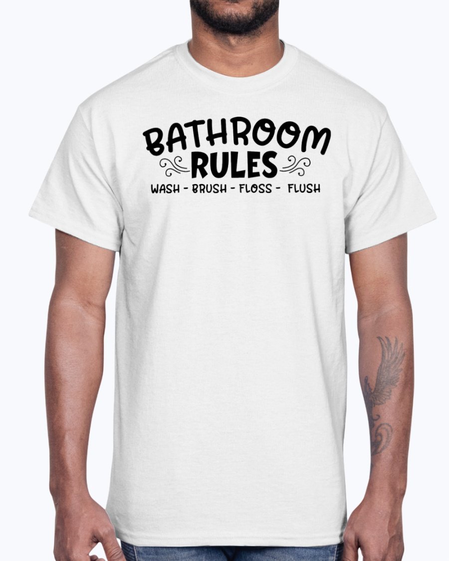 A comfortable cotton tee featuring the phrase 'Wash Brush Floss Flush' in a playful design, perfect for casual wear.