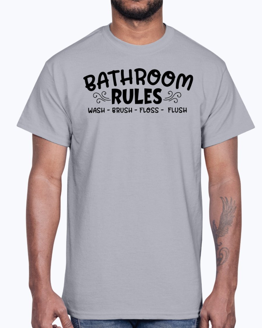 A comfortable cotton tee featuring the phrase 'Wash Brush Floss Flush' in a playful design, perfect for casual wear.