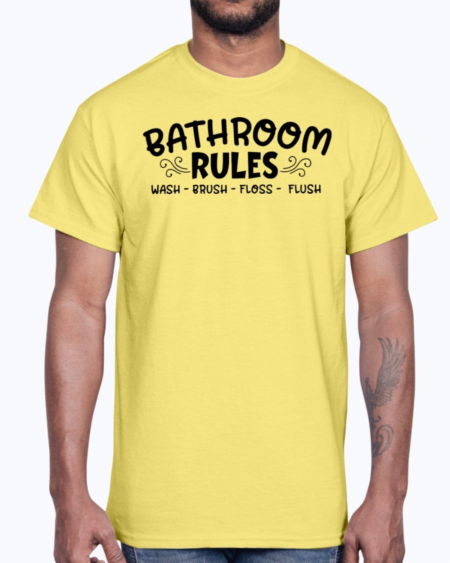 A comfortable cotton tee featuring the phrase 'Wash Brush Floss Flush' in a playful design, perfect for casual wear.
