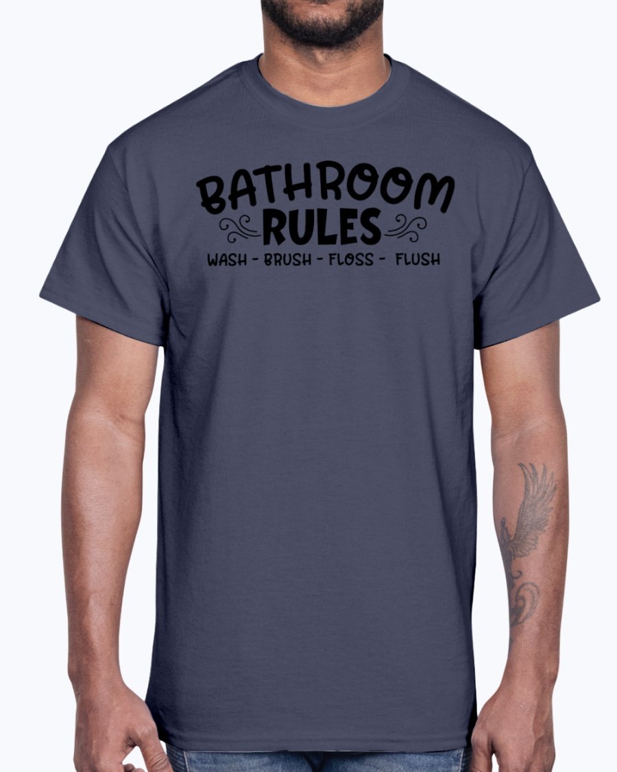 A comfortable cotton tee featuring the phrase 'Wash Brush Floss Flush' in a playful design, perfect for casual wear.