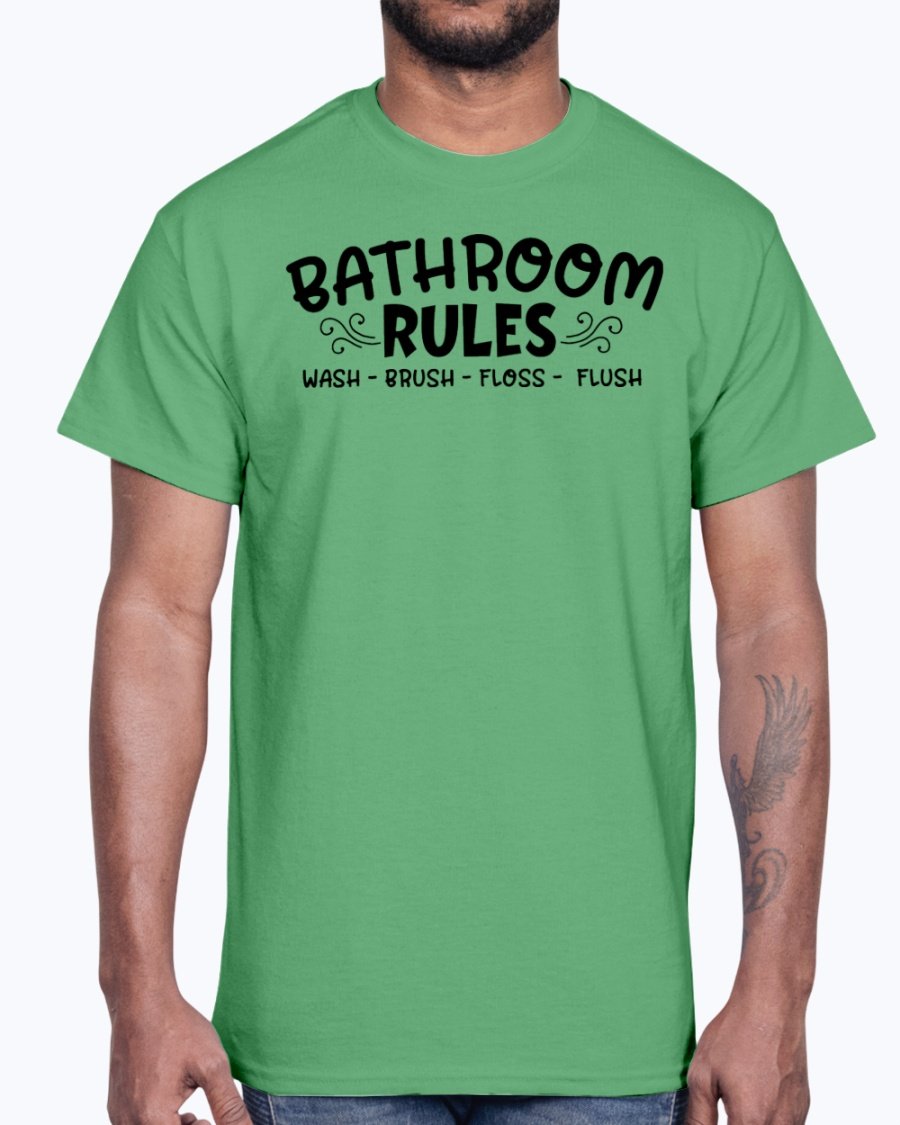 A comfortable cotton tee featuring the phrase 'Wash Brush Floss Flush' in a playful design, perfect for casual wear.