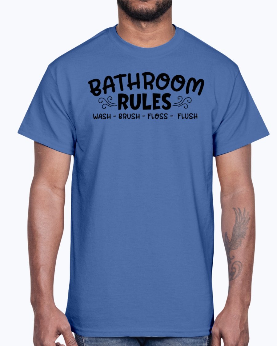 A comfortable cotton tee featuring the phrase 'Wash Brush Floss Flush' in a playful design, perfect for casual wear.