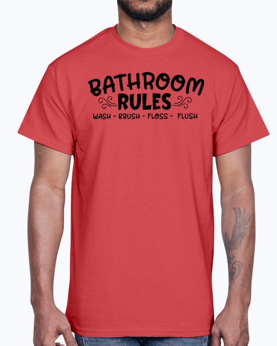 A comfortable cotton tee featuring the phrase 'Wash Brush Floss Flush' in a playful design, perfect for casual wear.