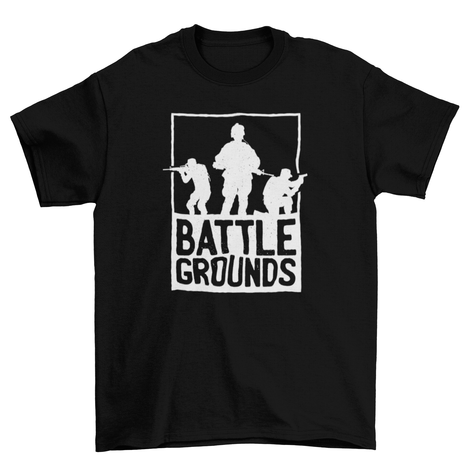 Battlegrounds Battle Royale T-shirt featuring three military silhouettes and the text BATTLE GROUNDS, perfect for gamers.