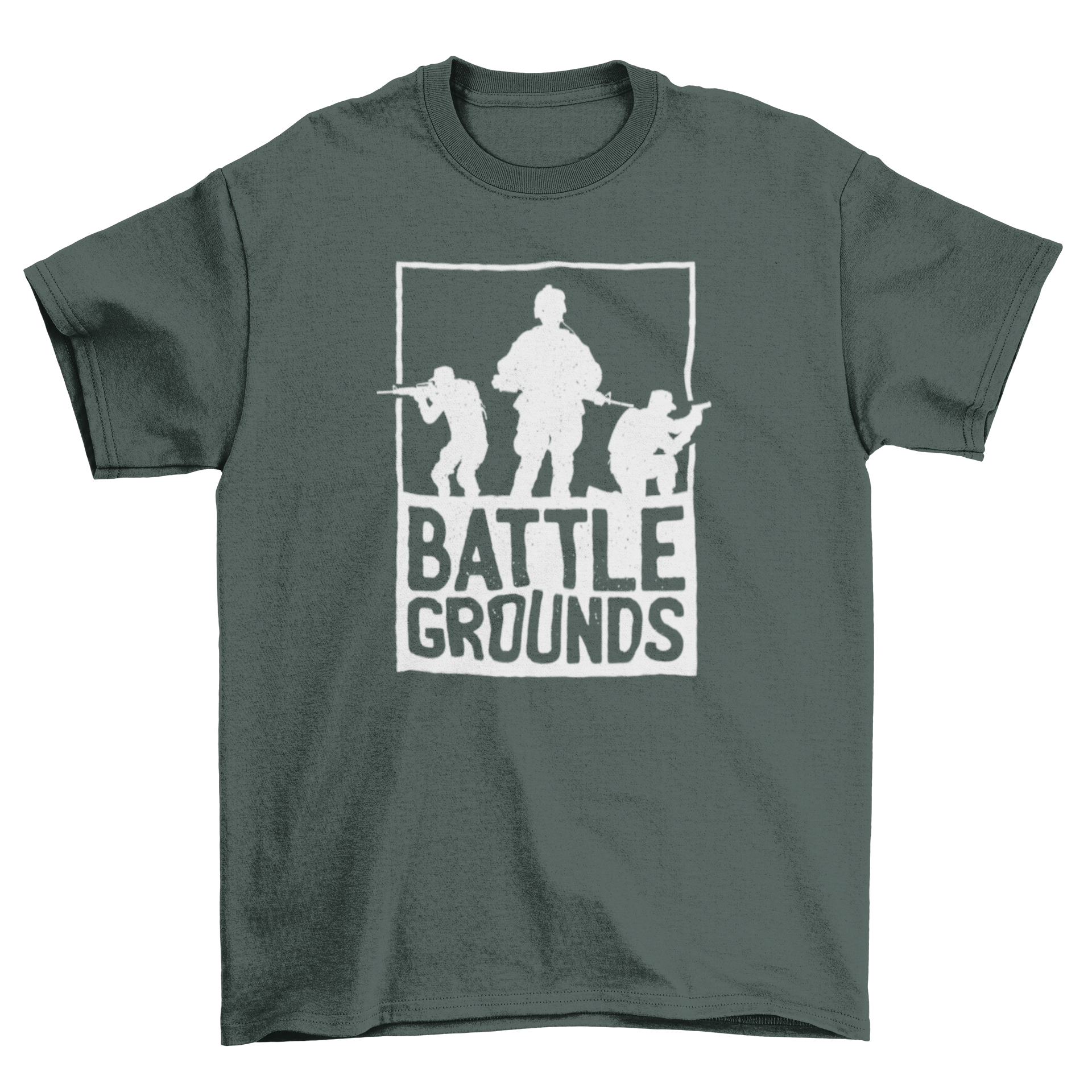 Battlegrounds Battle Royale T-shirt featuring three military silhouettes and the text BATTLE GROUNDS, perfect for gamers.