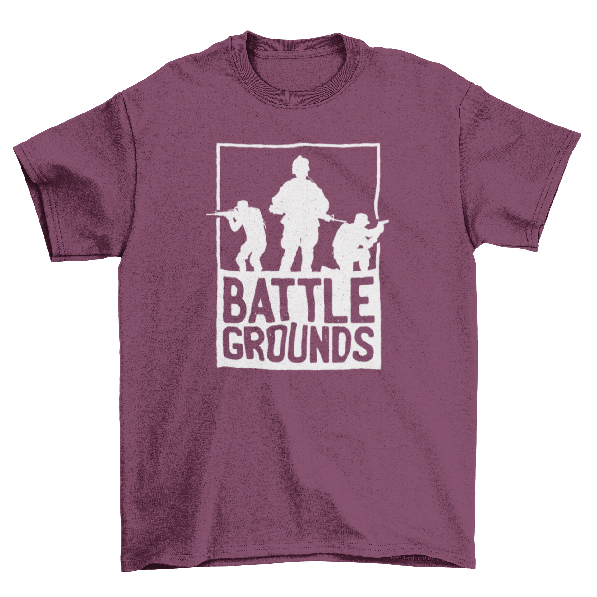 Battlegrounds Battle Royale T-shirt featuring three military silhouettes and the text BATTLE GROUNDS, perfect for gamers.