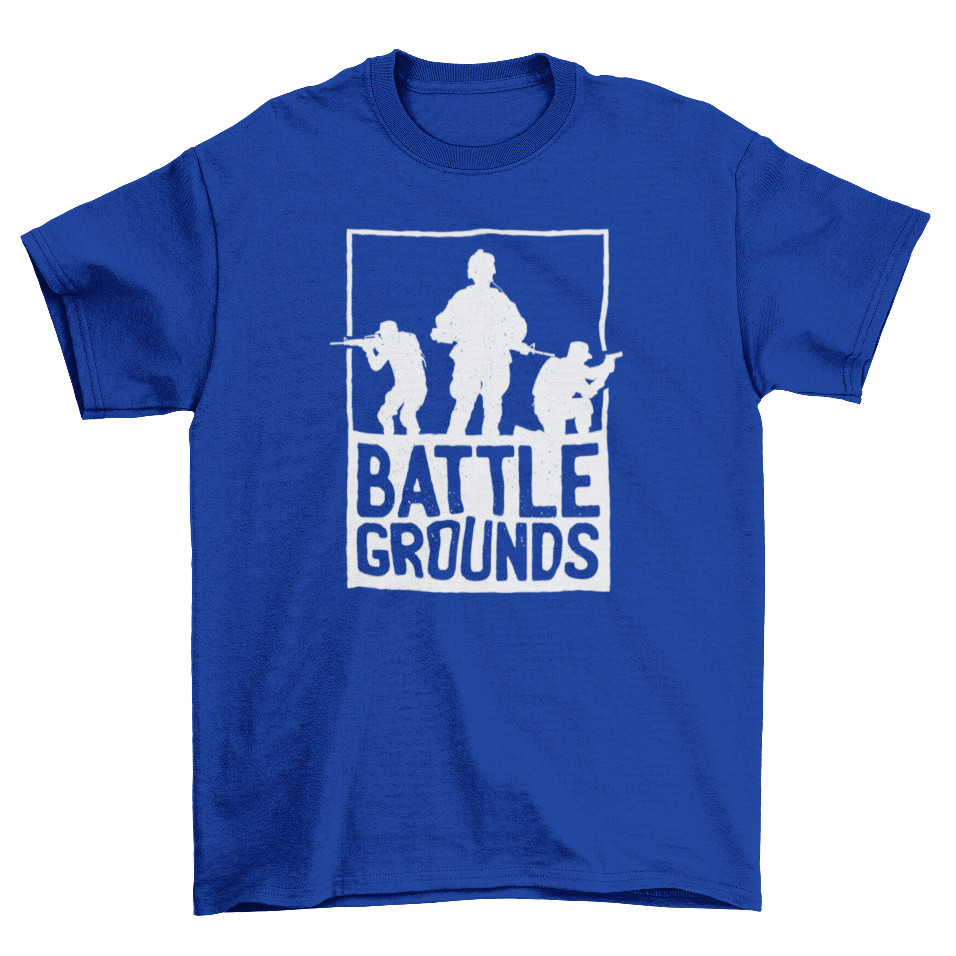 Battlegrounds Battle Royale T-shirt featuring three military silhouettes and the text BATTLE GROUNDS, perfect for gamers.