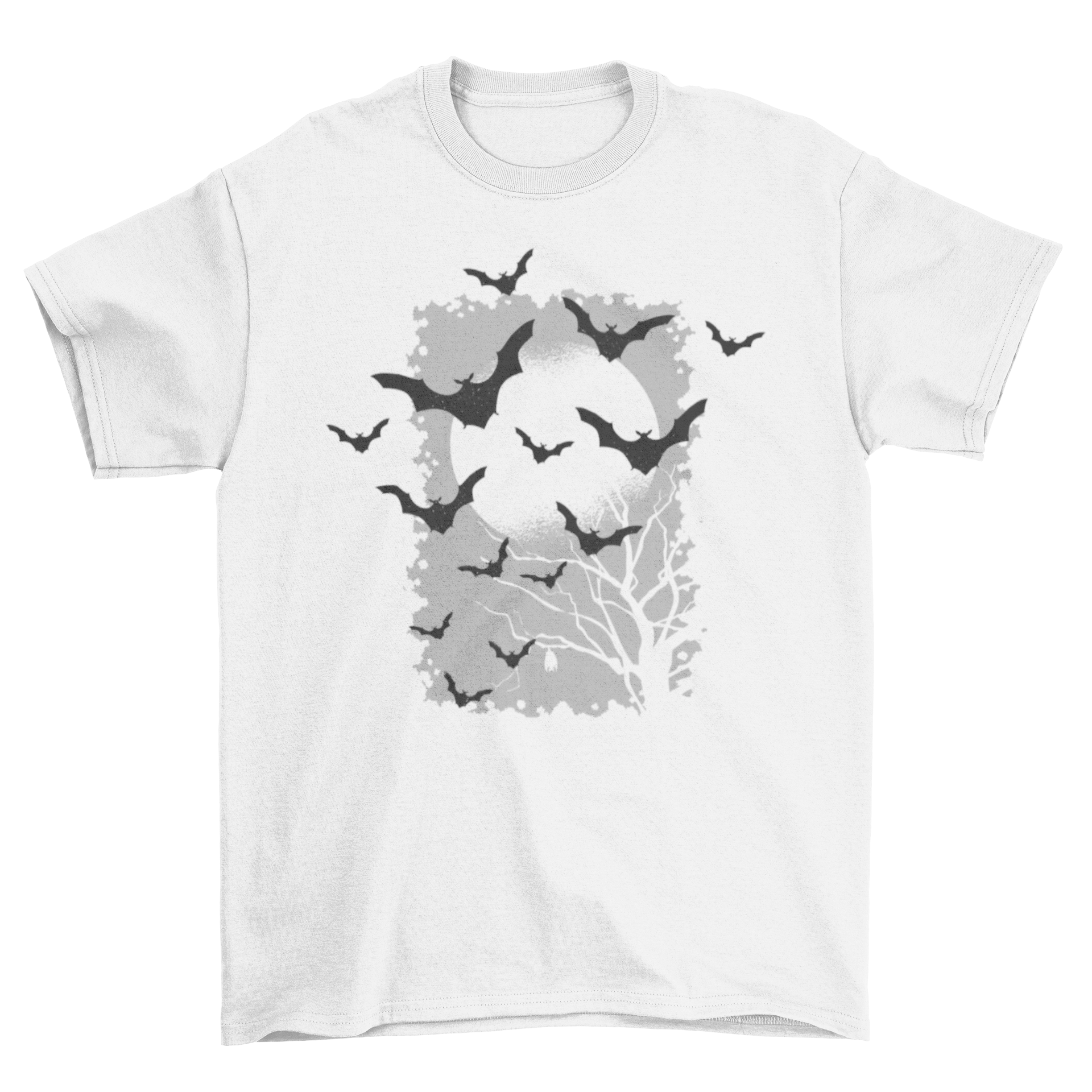 Bats t-shirt featuring silhouettes of bats flying over a spooky tree and full moon night background, perfect for Halloween.