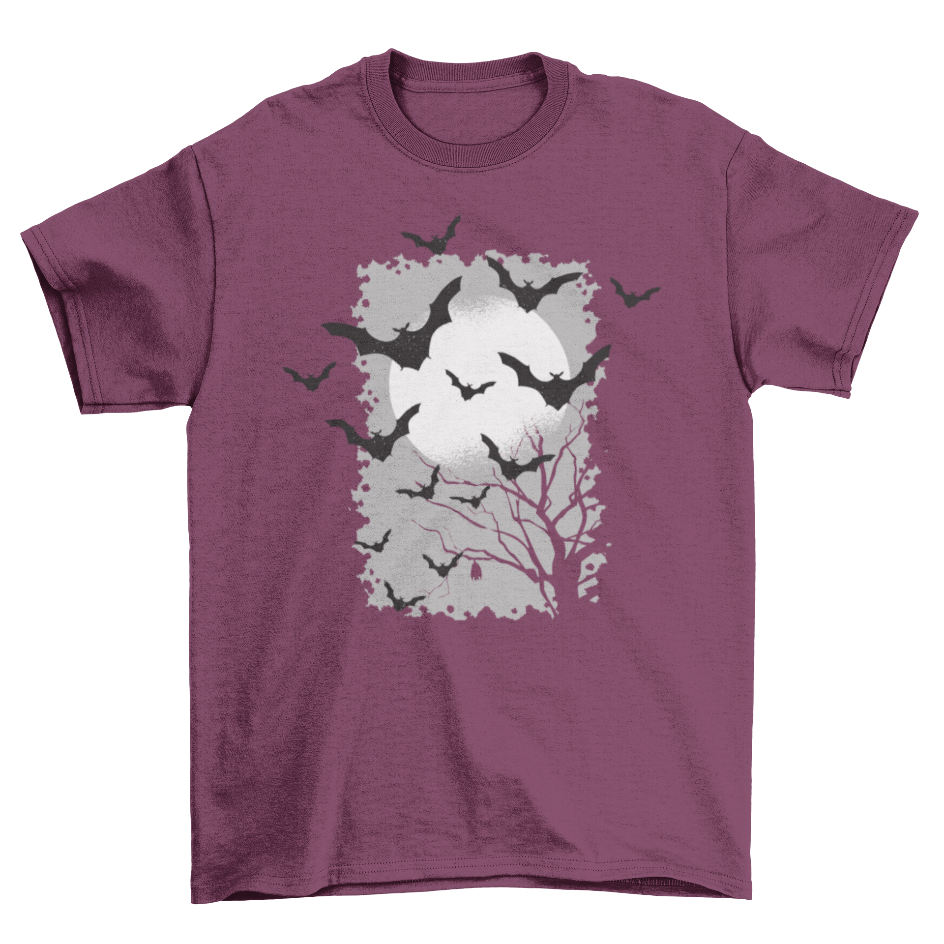 Bats t-shirt featuring silhouettes of bats flying over a spooky tree and full moon night background, perfect for Halloween.