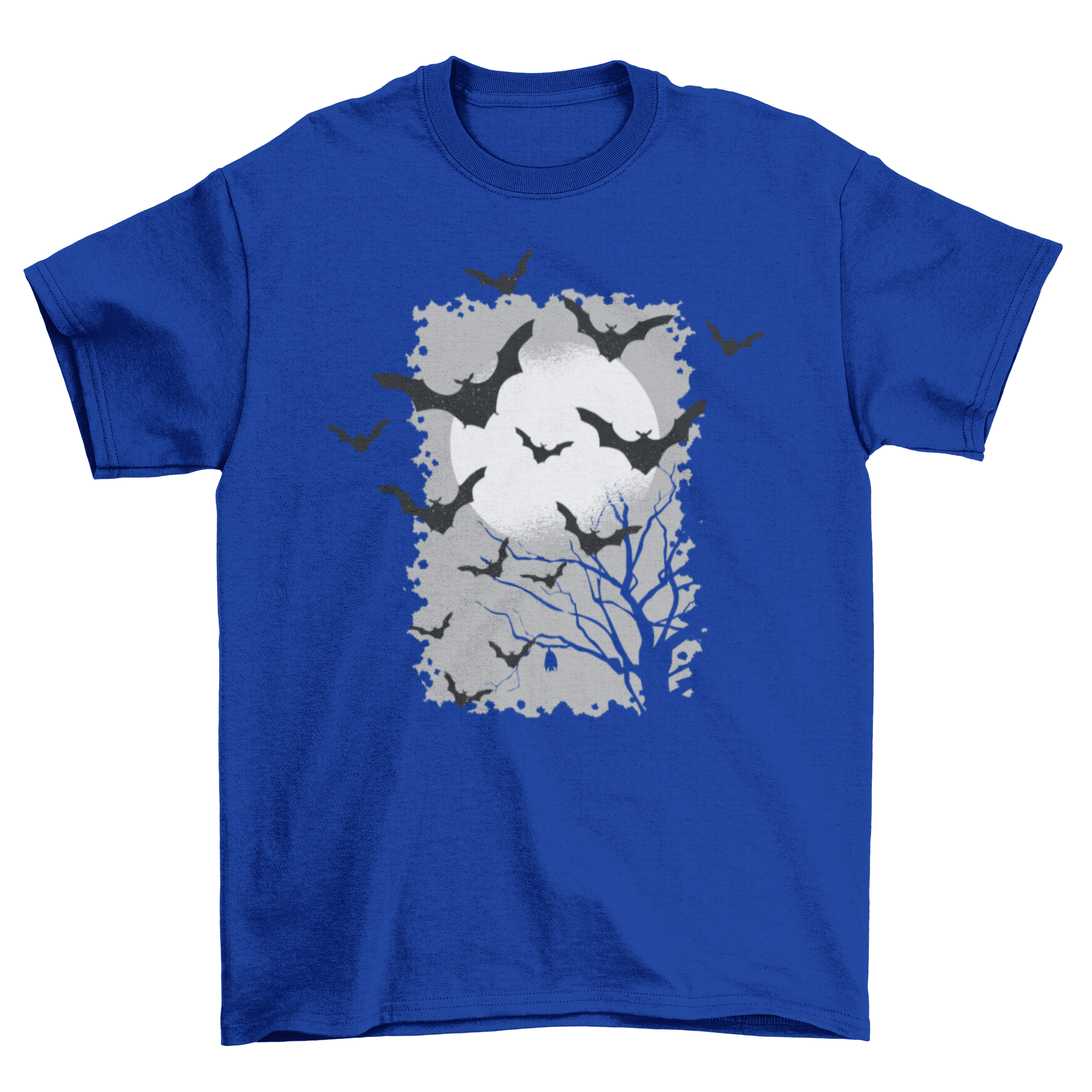 Bats t-shirt featuring silhouettes of bats flying over a spooky tree and full moon night background, perfect for Halloween.