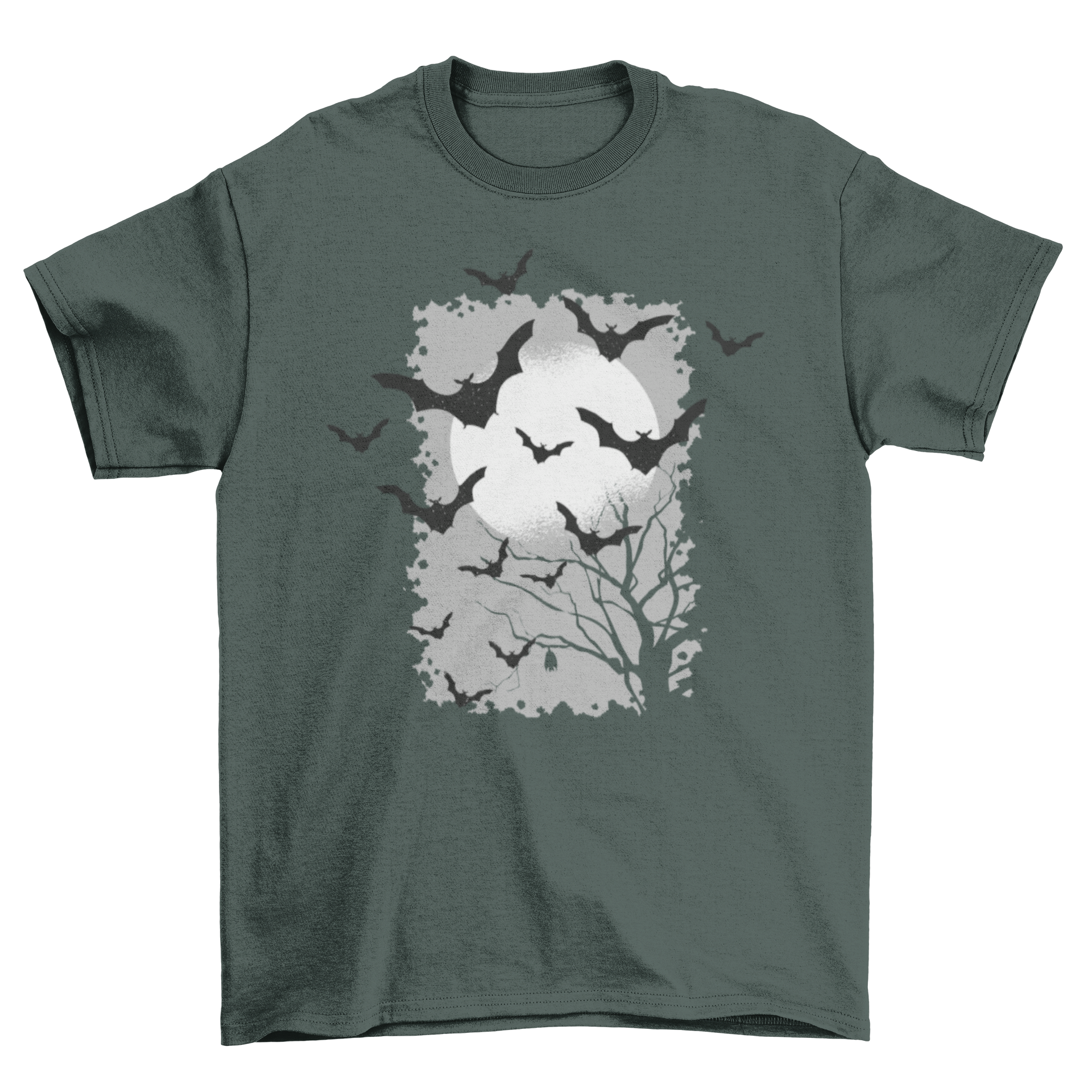 Bats t-shirt featuring silhouettes of bats flying over a spooky tree and full moon night background, perfect for Halloween.