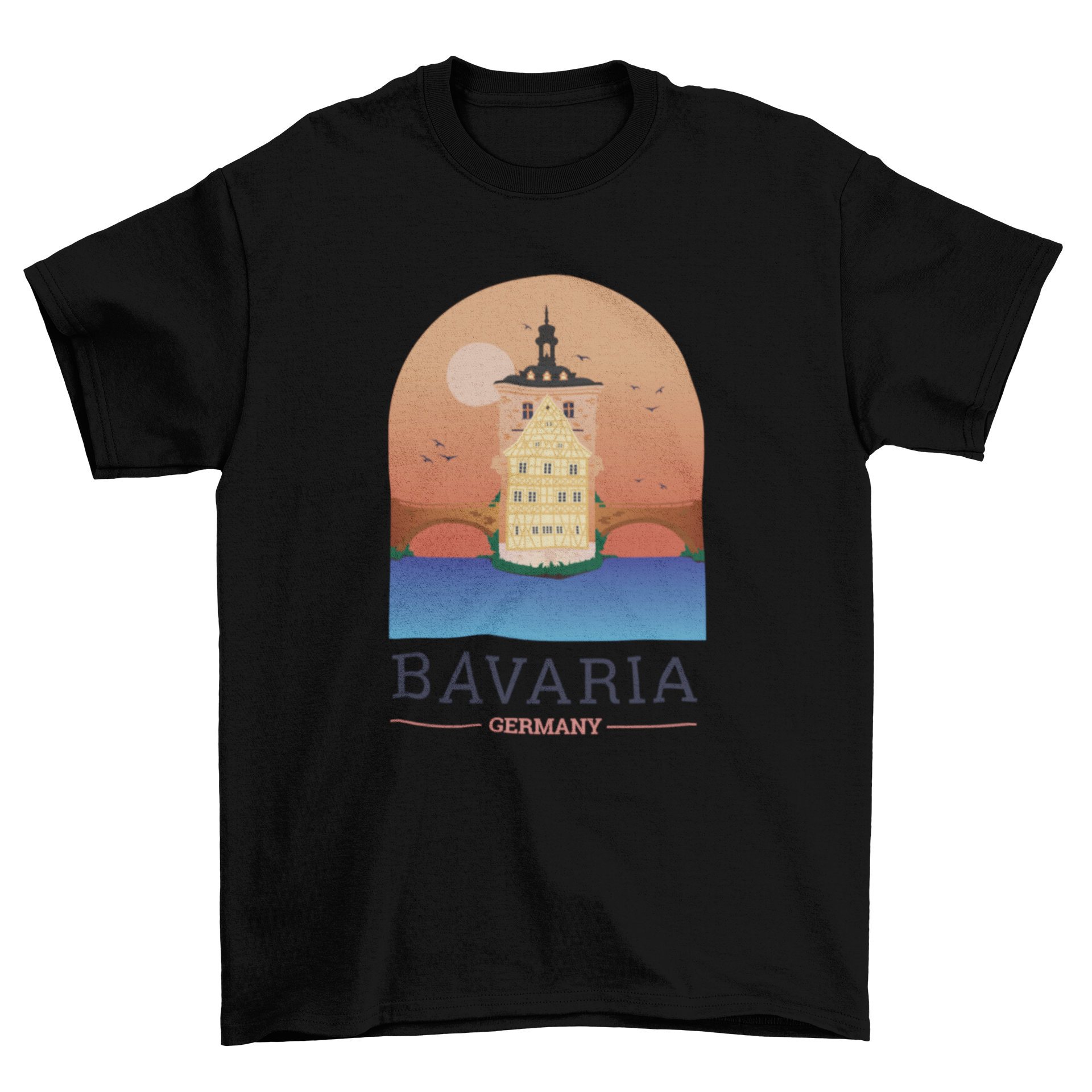 Illustrated t-shirt design featuring a scenic landscape of Bamberg, Germany, showcasing its iconic architecture.