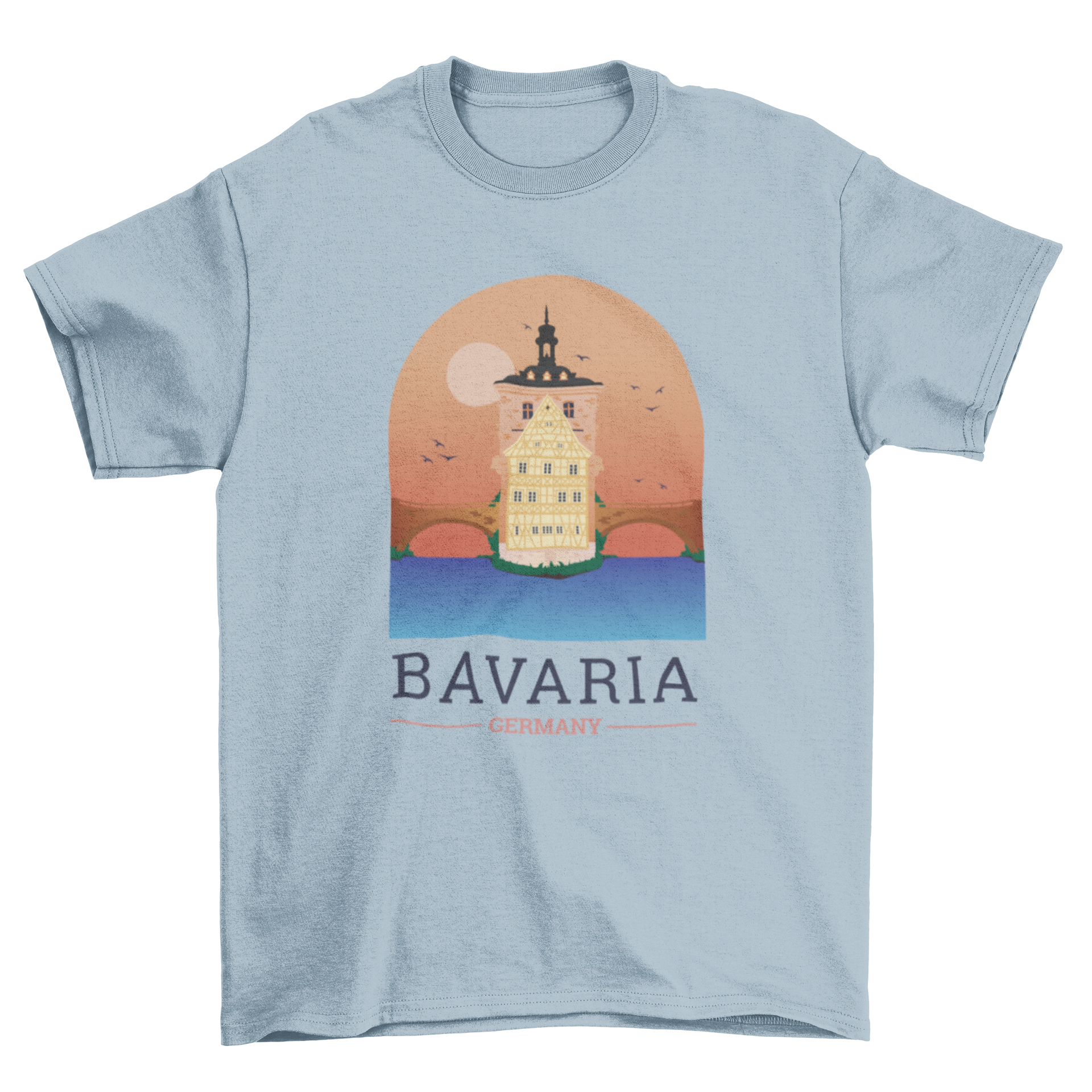 Illustrated t-shirt design featuring a scenic landscape of Bamberg, Germany, showcasing its iconic architecture.