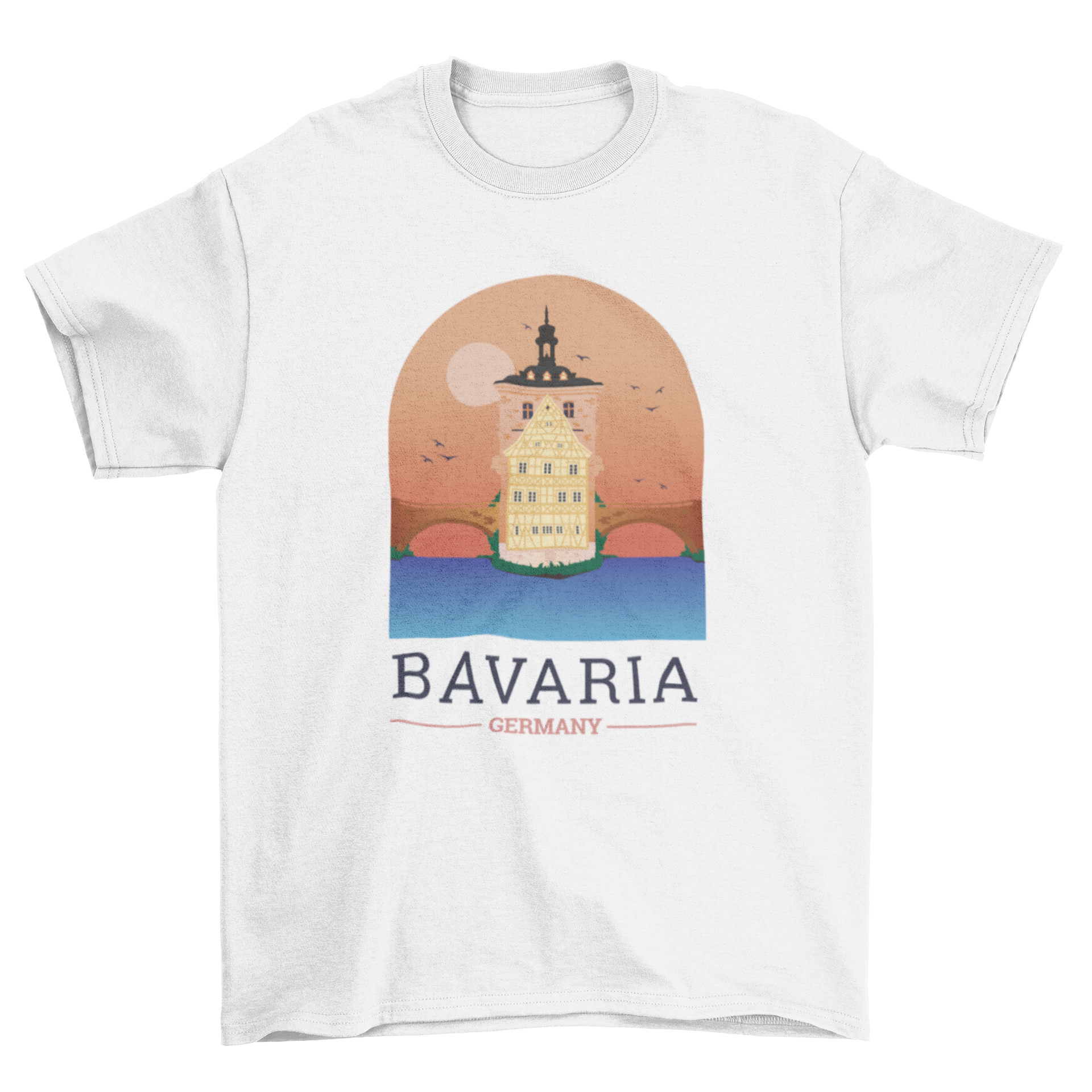 Illustrated t-shirt design featuring a scenic landscape of Bamberg, Germany, showcasing its iconic architecture.