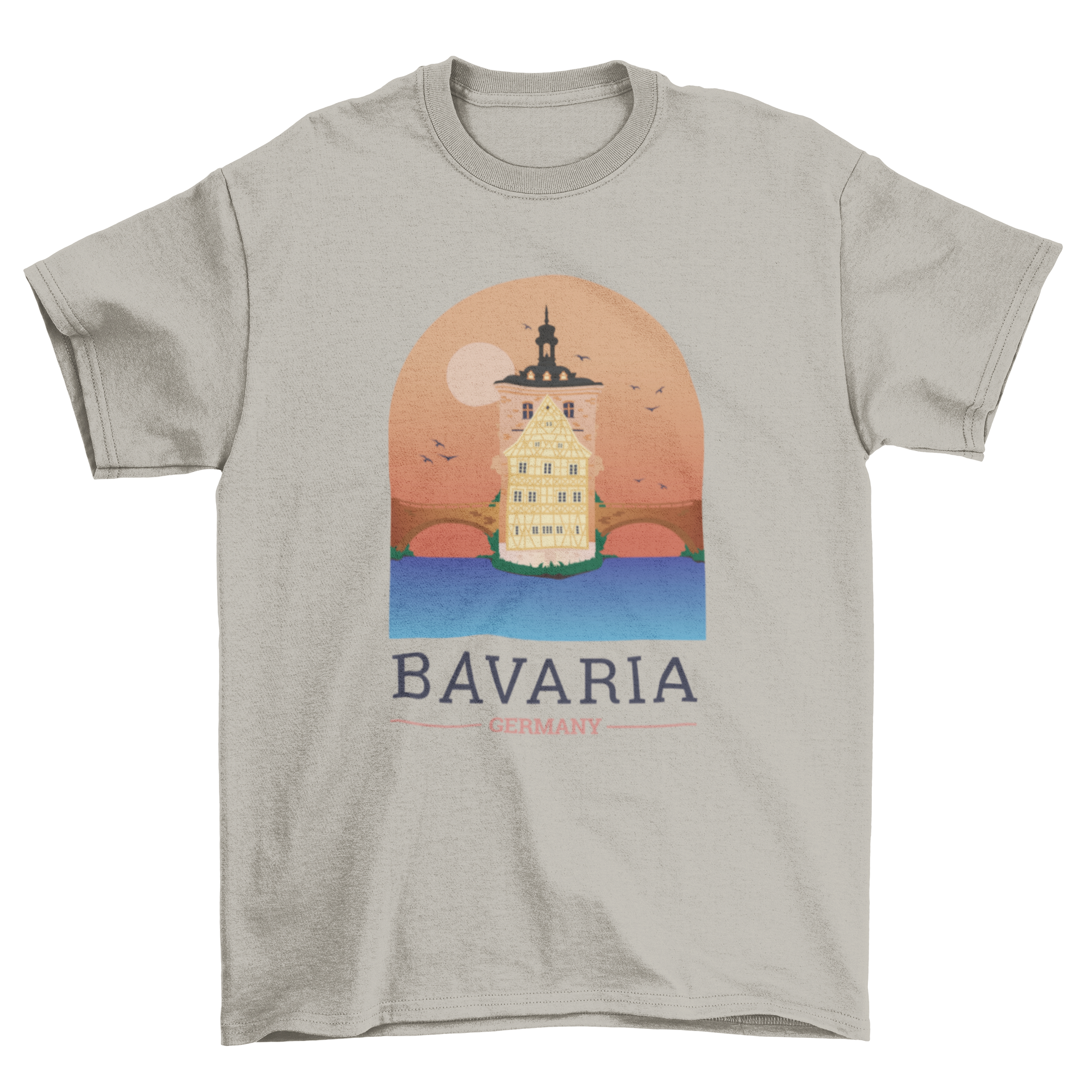 Illustrated t-shirt design featuring a scenic landscape of Bamberg, Germany, showcasing its iconic architecture.