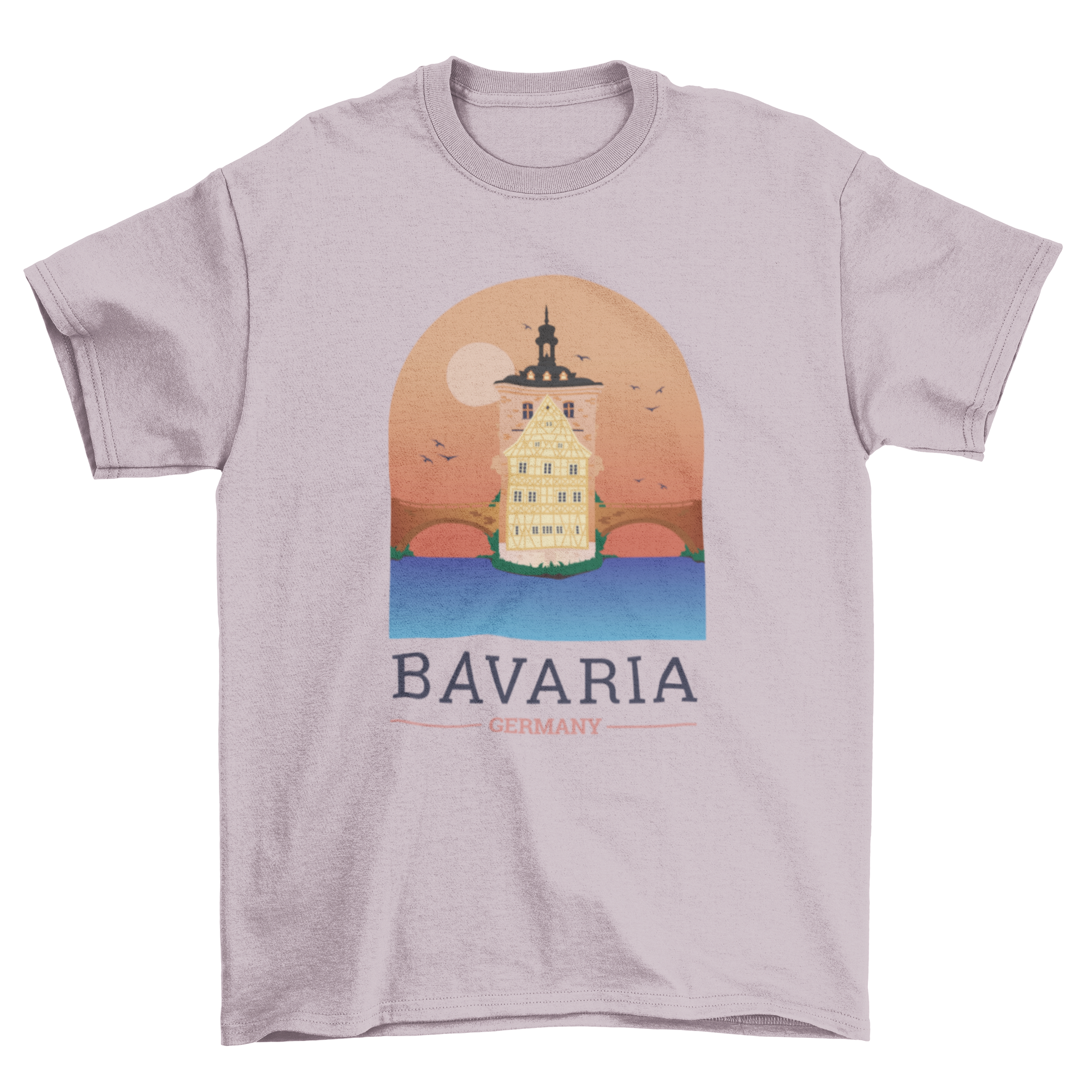 Illustrated t-shirt design featuring a scenic landscape of Bamberg, Germany, showcasing its iconic architecture.
