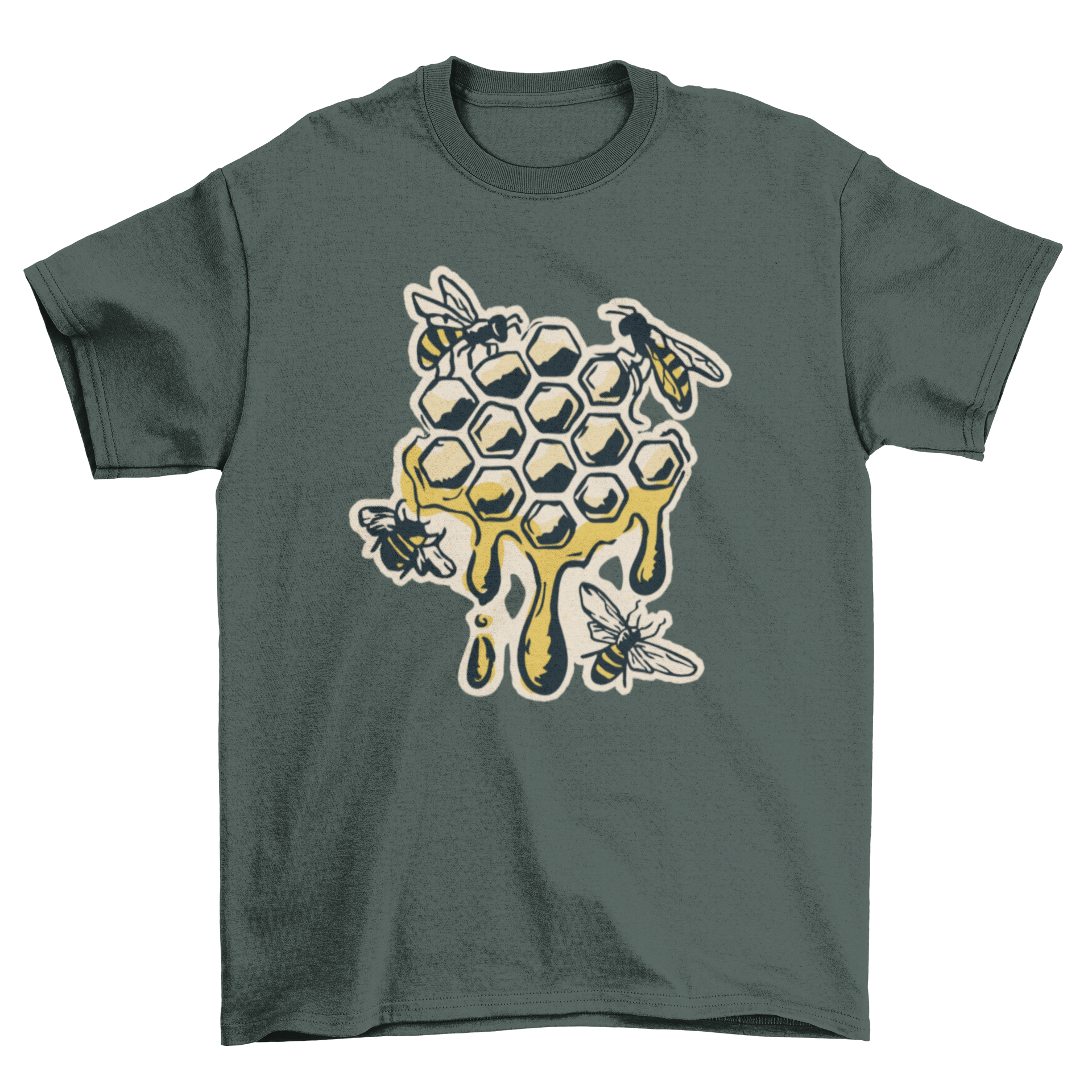 A stylish t-shirt featuring a vibrant honeycomb design with bees, perfect for nature lovers.