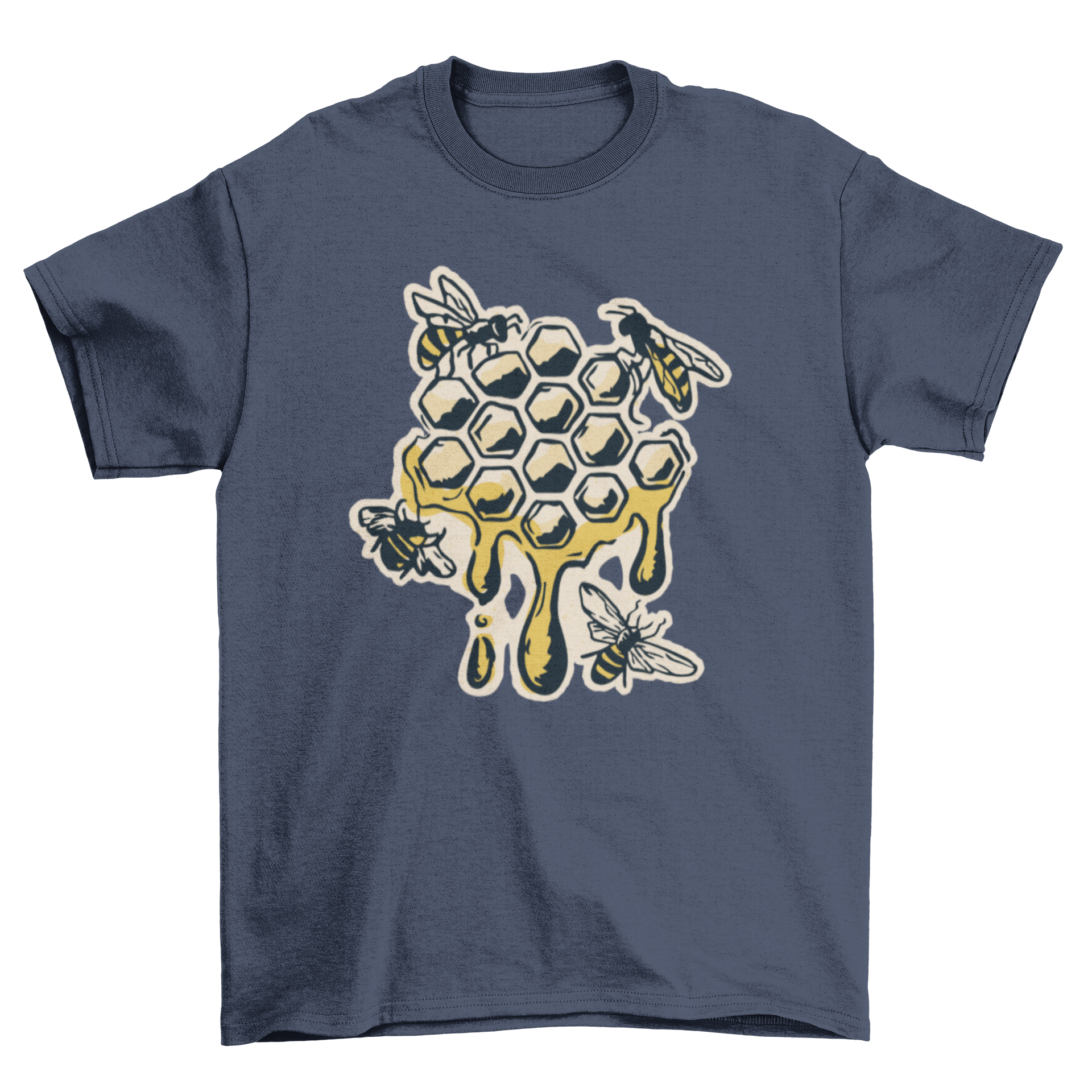 A stylish t-shirt featuring a vibrant honeycomb design with bees, perfect for nature lovers.
