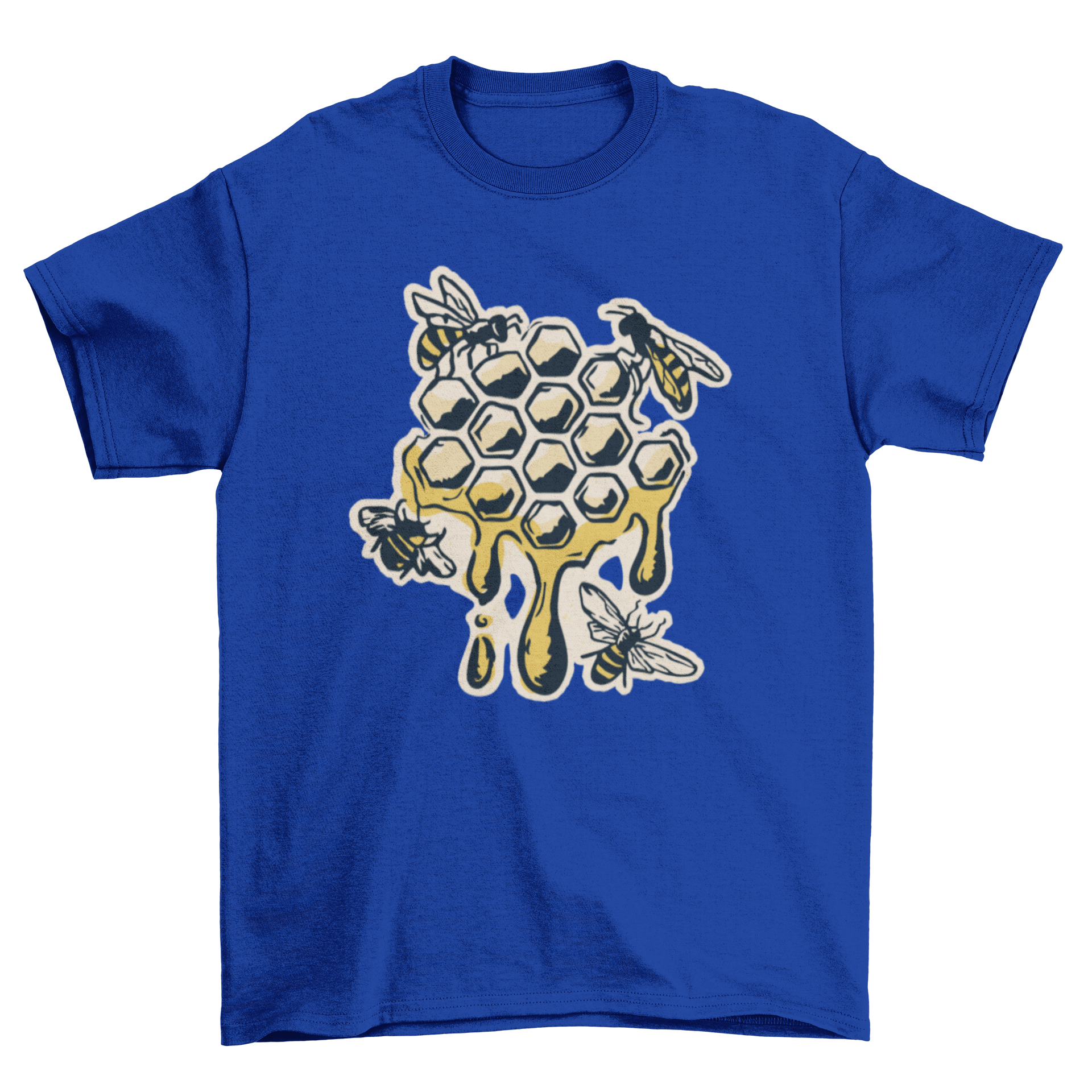 A stylish t-shirt featuring a vibrant honeycomb design with bees, perfect for nature lovers.
