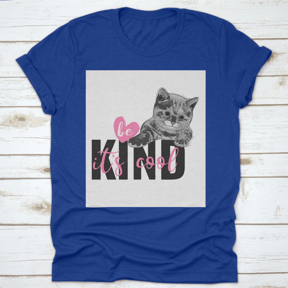 Be Kind It's Cool T-shirt featuring a hand-drawn heart and cat design, made from 100% cotton for comfort.