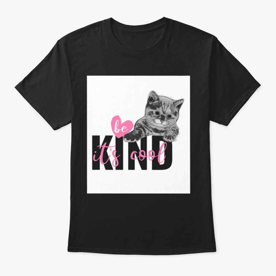 Be Kind It's Cool T-shirt featuring a hand-drawn heart and cat design, made from 100% cotton for comfort.