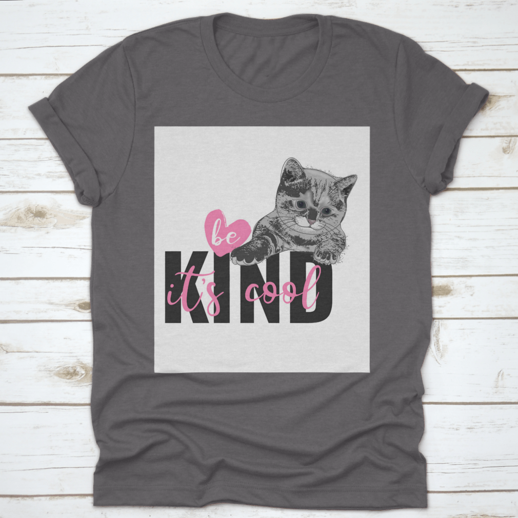 Be Kind It's Cool T-shirt featuring a hand-drawn heart and cat design, made from 100% cotton for comfort.