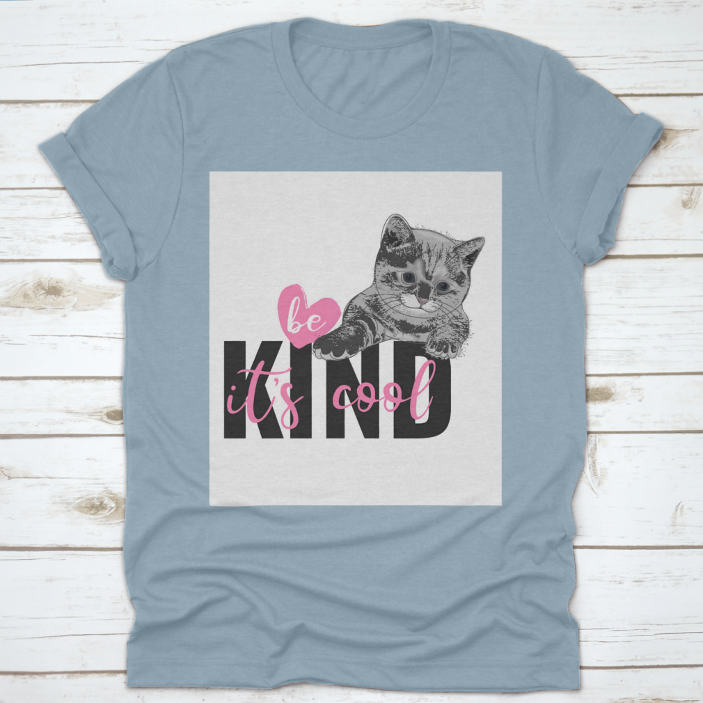 Be Kind It's Cool T-shirt featuring a hand-drawn heart and cat design, made from 100% cotton for comfort.