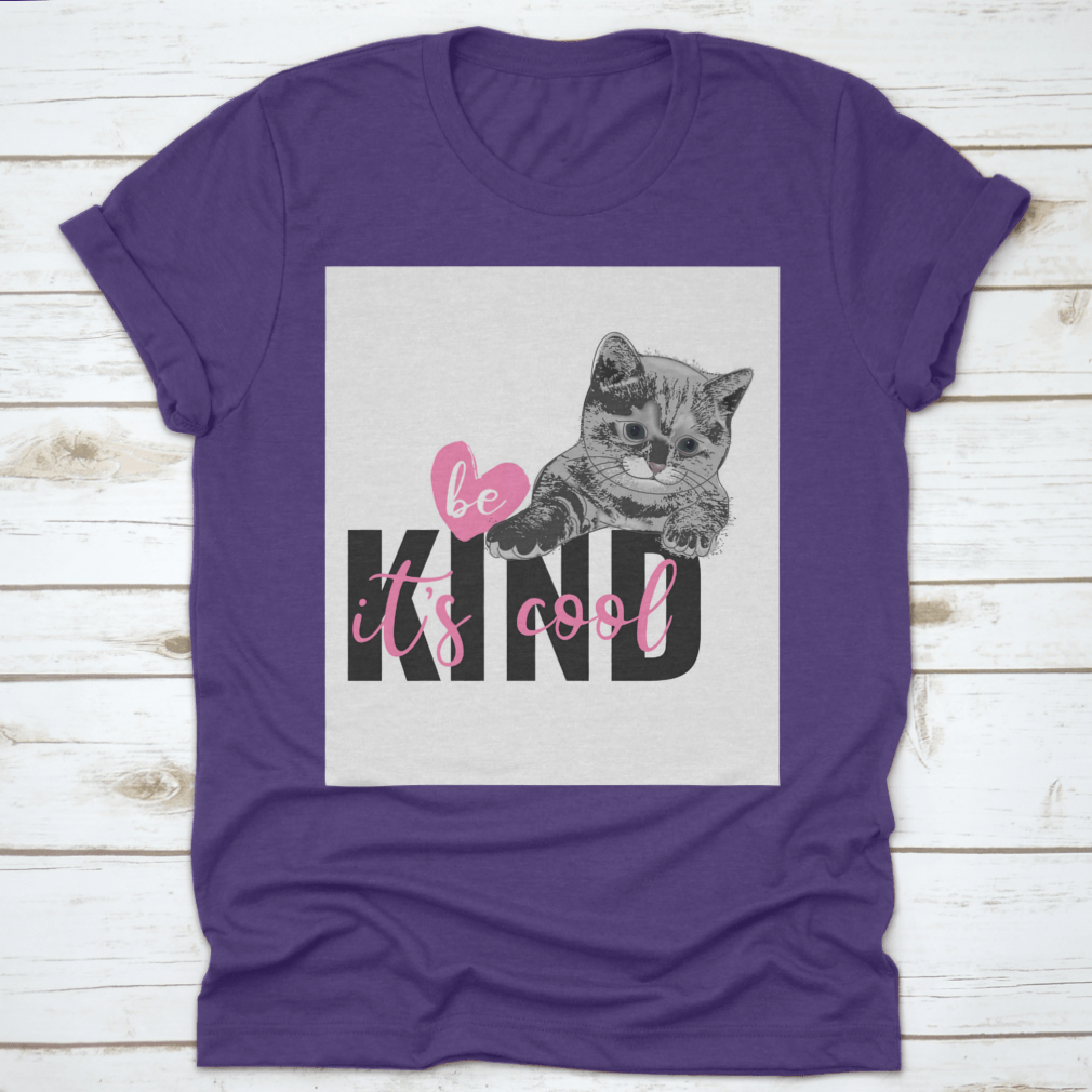 Be Kind It's Cool T-shirt featuring a hand-drawn heart and cat design, made from 100% cotton for comfort.