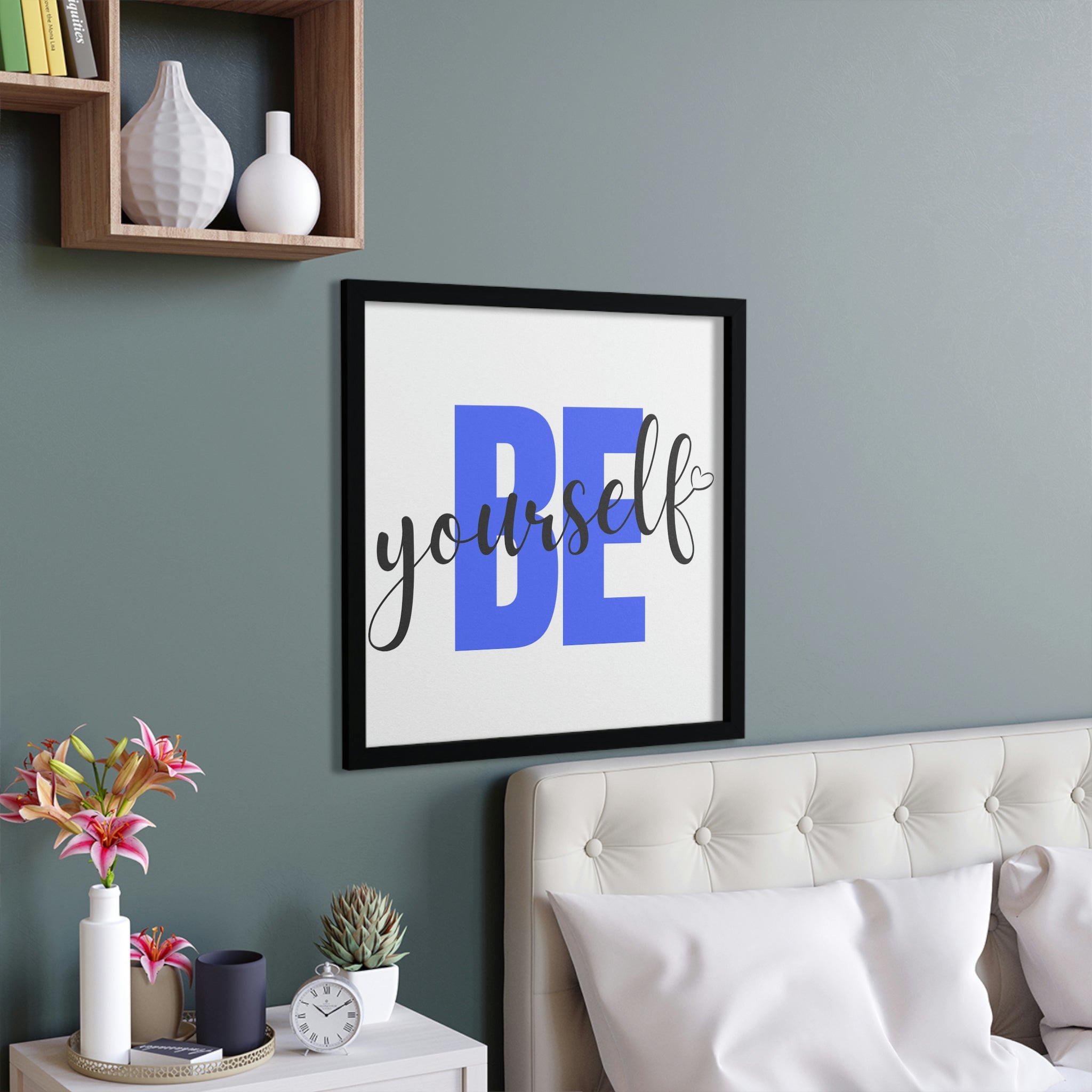 Be Yourself Framed Poster with a hand-crafted wooden frame, showcasing vibrant colors and inspirational design.