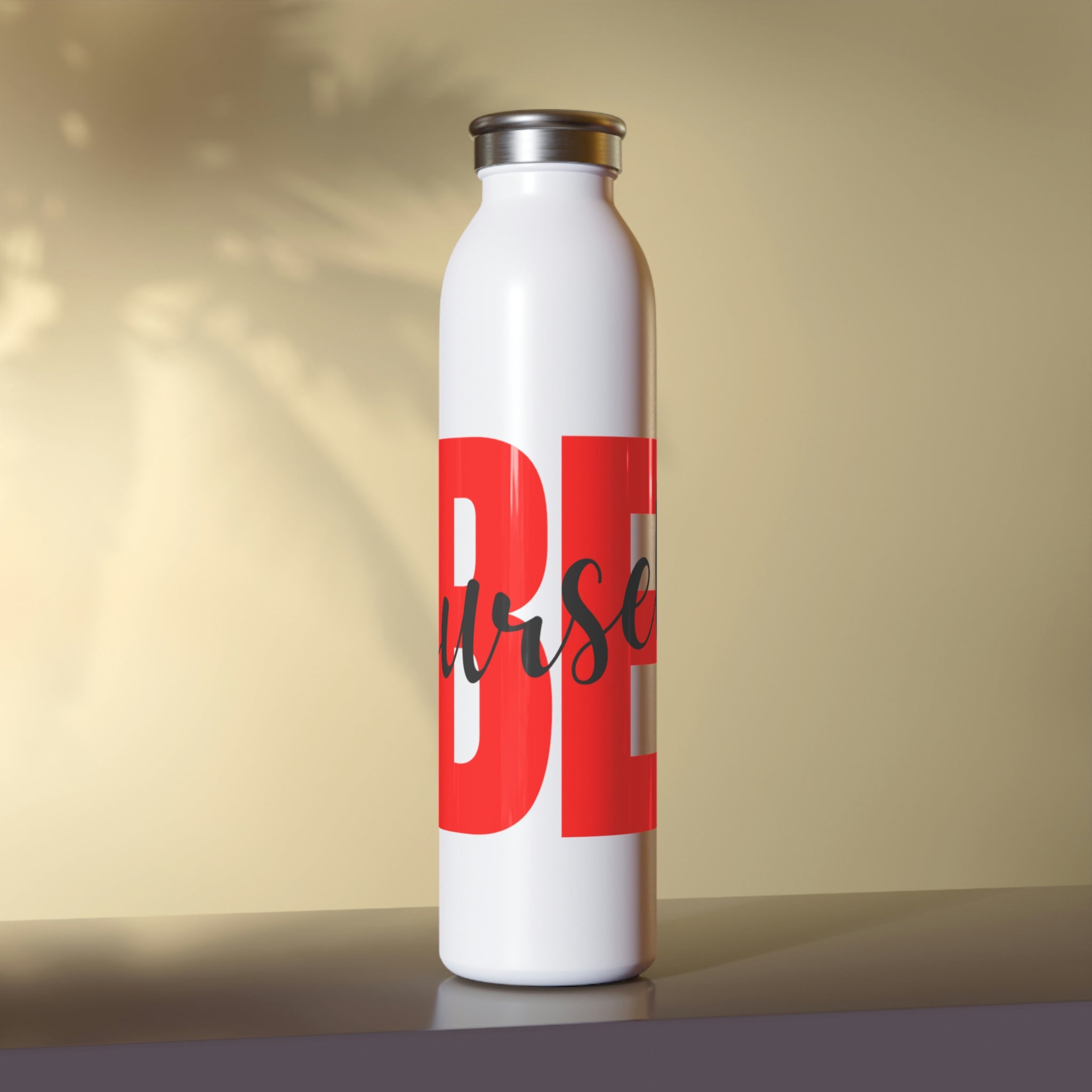 Be Yourself Slim Water Bottle with a matte finish, showcasing personalized designs and a stylish lid.