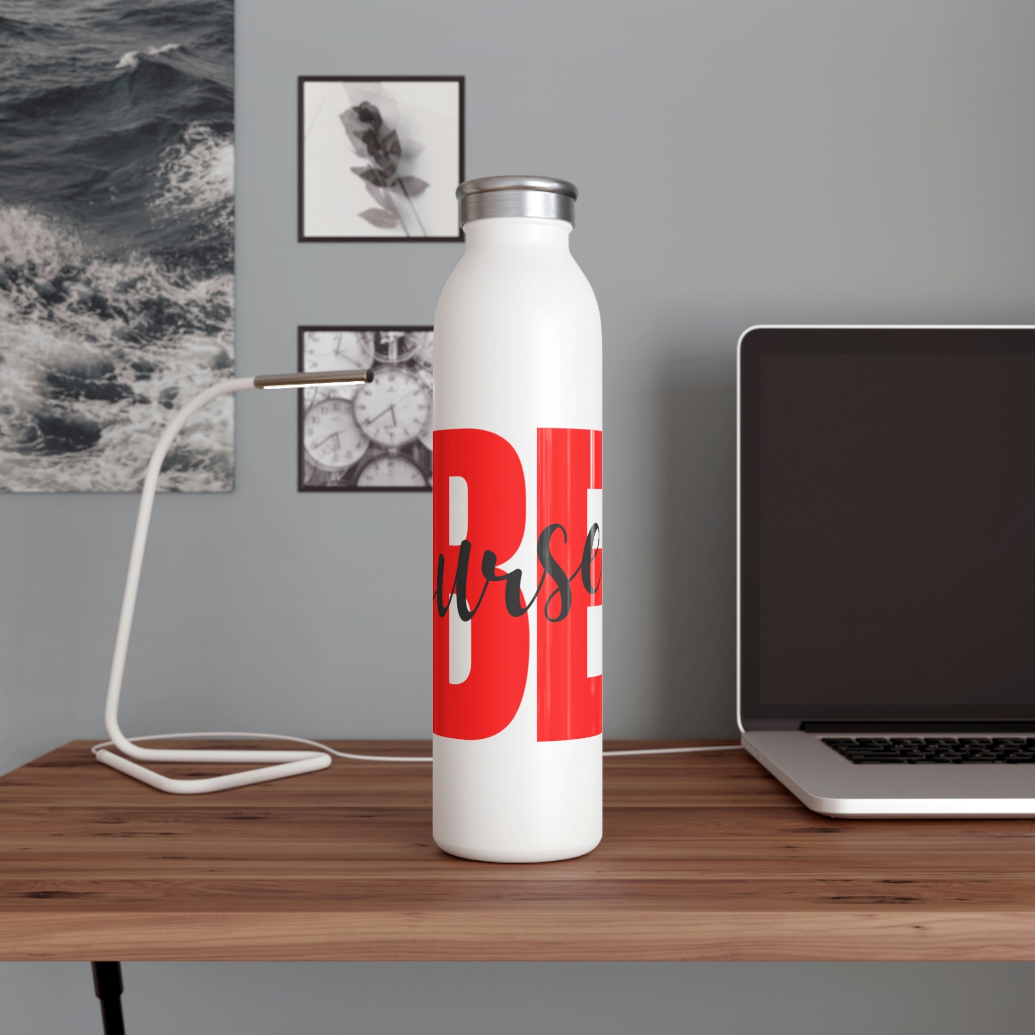 Be Yourself Slim Water Bottle with a matte finish, showcasing personalized designs and a stylish lid.