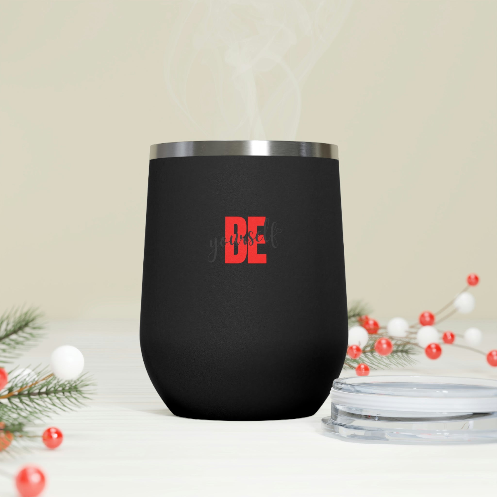 Be Yourself Wine Tumbler in stainless steel with a clear lid, showcasing its stylish design and double insulation.