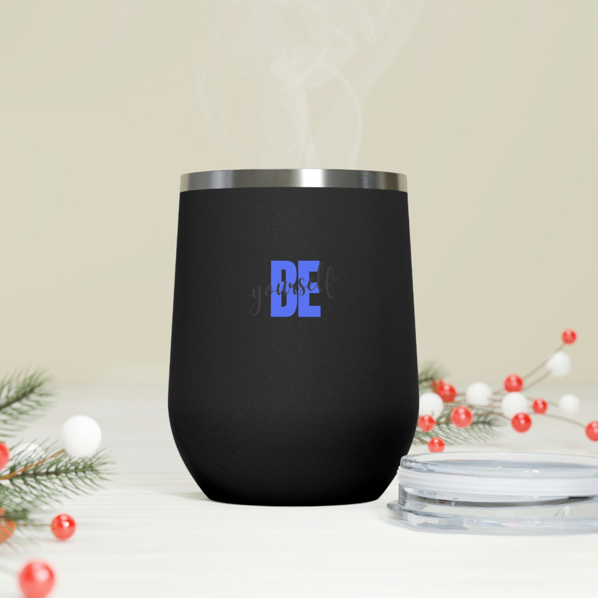 Be Yourself Wine Tumbler in stainless steel with a clear plastic lid, showcasing a stylish design for hot and cold beverages.