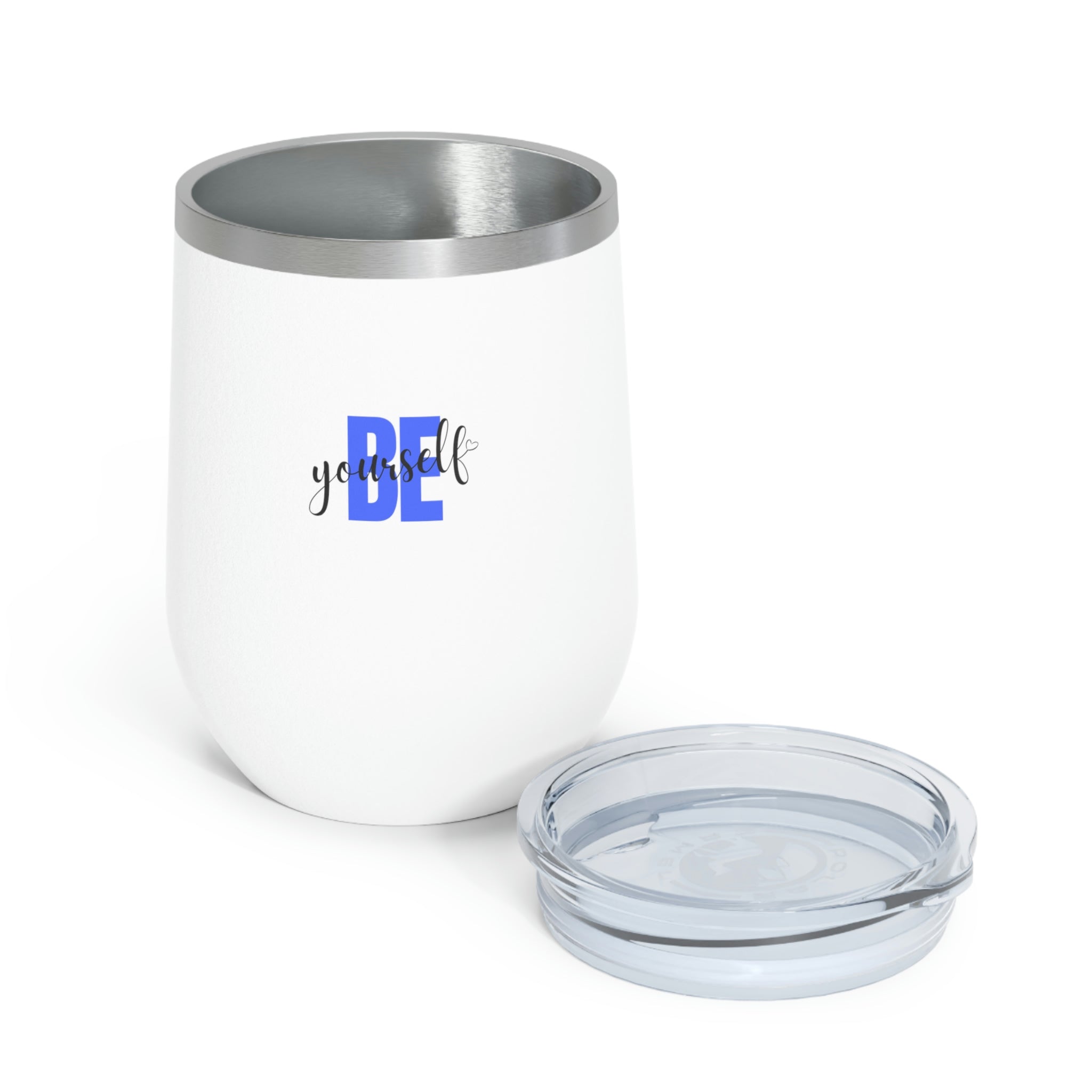 Be Yourself Wine Tumbler in stainless steel with a clear plastic lid, showcasing a stylish design for hot and cold beverages.