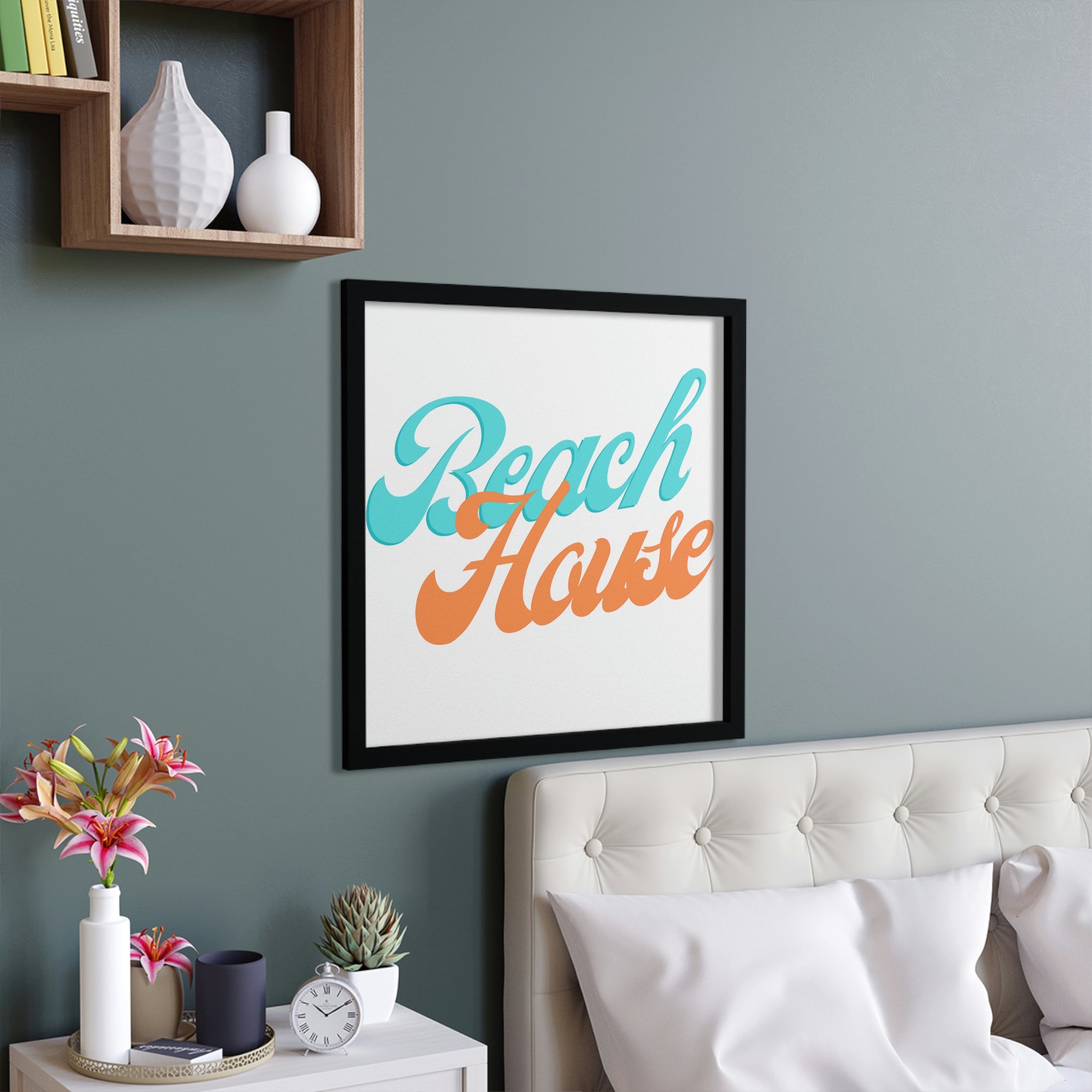 A beautifully framed Beach House poster featuring a hand-crafted wooden frame, showcasing vibrant coastal artwork.